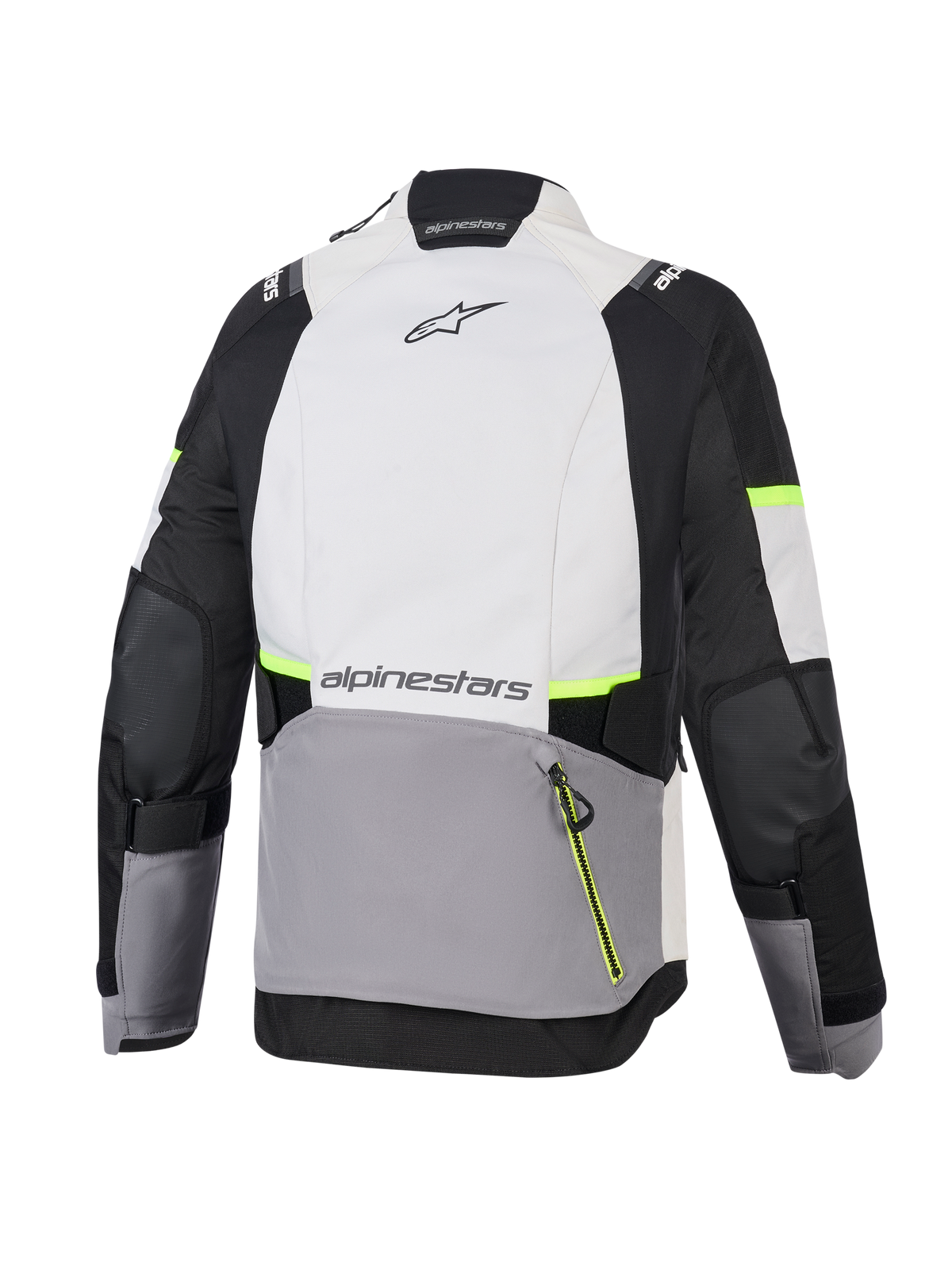 Alpinestars Stella Andes V4 Drystar® jas, adventure motorjas voor dames, Ice Gray, Dark Gray en zwart met Yellow Fluo accenten, achteraanzicht met grote achterzak en Alpinestars-branding