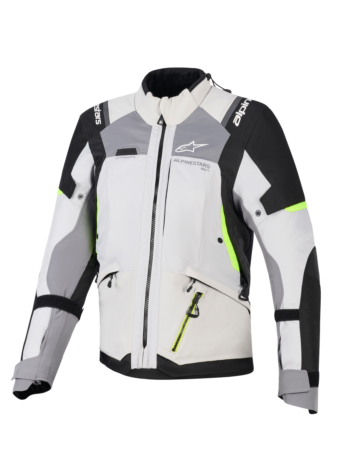 Alpinestars Stella Andes V4 Drystar® damesjas, adventure touring motorjas voor dames, ijsgrijs en donkergrijs met zwarte en neongele accenten, duurzame textielconstructie met waterdichte ritsen en Alpinestars-branding, vooraanzicht