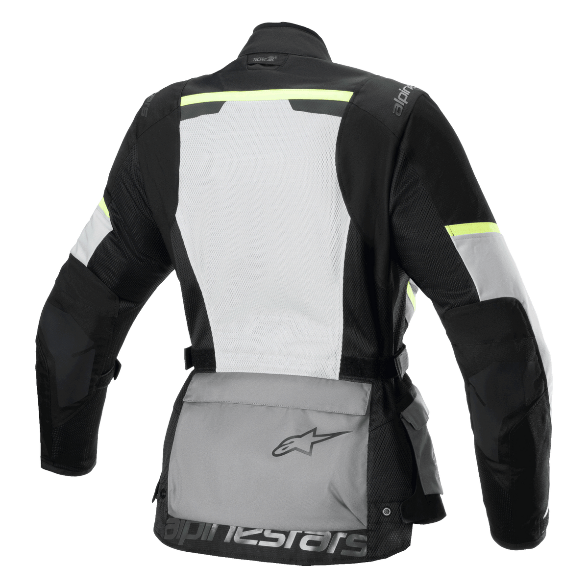 Alpinestars Stella Andes Air Drystar® Jas, dames touring-motorjas, achteraanzicht, Ice Gray, donkergrijs en zwart, voorzien van een groot wit mesh rugpaneel, grijze opbergzak op de rug met logo, gele hi-viz accenten en een textielconstructie voor luchtstroom en bescherming.