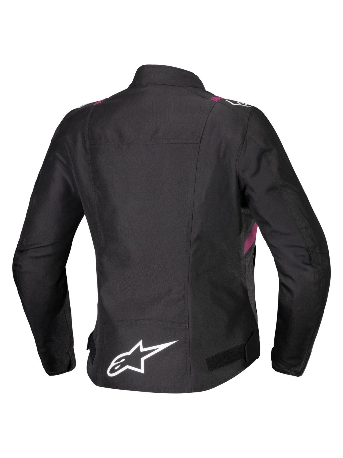 Alpinestars Stella T-SPS V2 Waterproof jas, motorjas voor dames, zwart met witte en Diva Pink accenten, achteraanzicht met wit sterlogo op de onderrug, sportief silhouet met duurzame textielafwerking