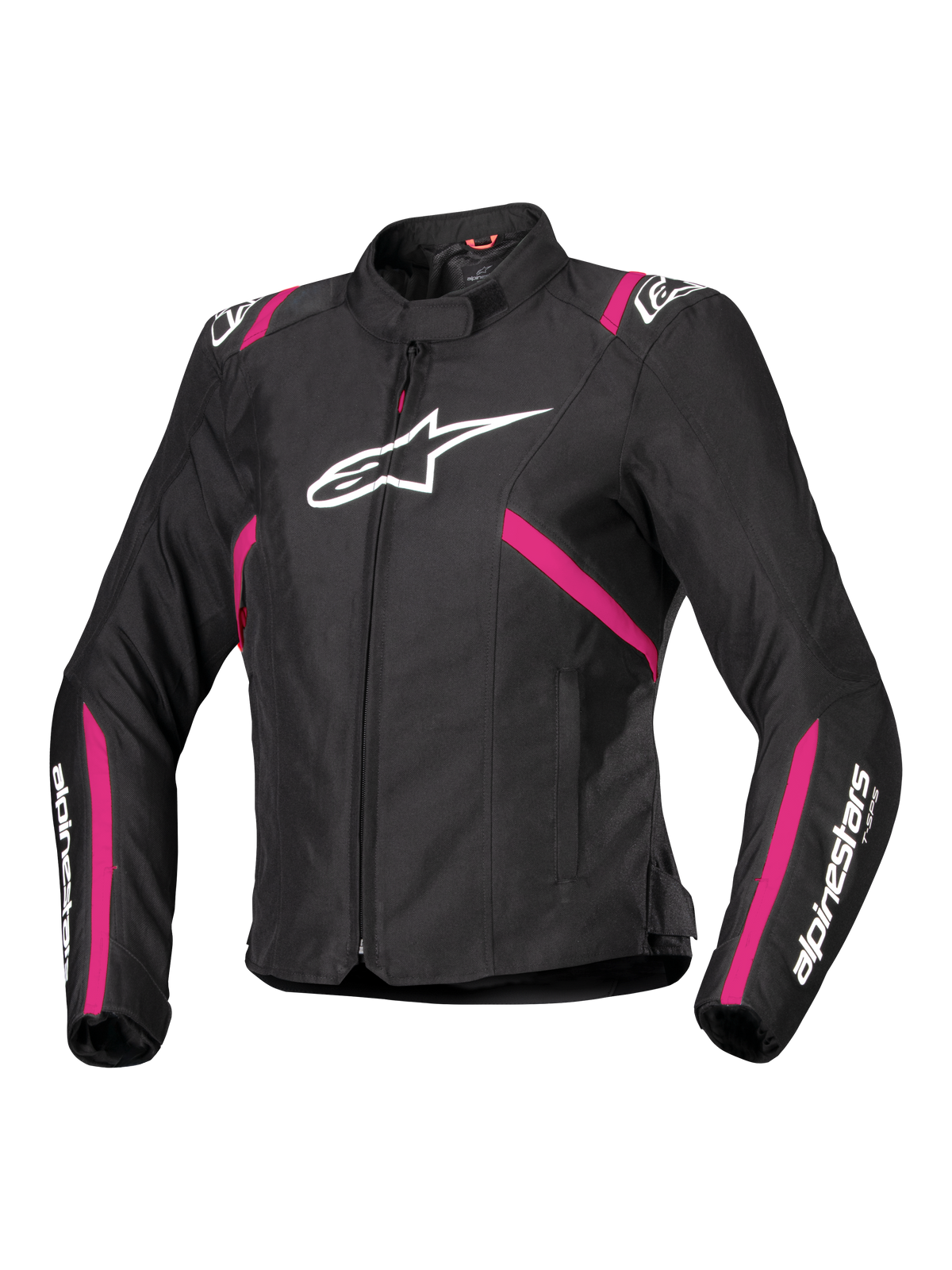 Alpinestars Stella T-SPS V2 Waterproof Jacket, textiel motorjas voor dames, zwart met Diva Pink en witte accenten, voorzien van een groot wit Alpinestars logo op de borst, roze strepen op de romp en mouwen, witte branding op de onderarmen, sportief getailleerd ontwerp voor alle weersomstandigheden