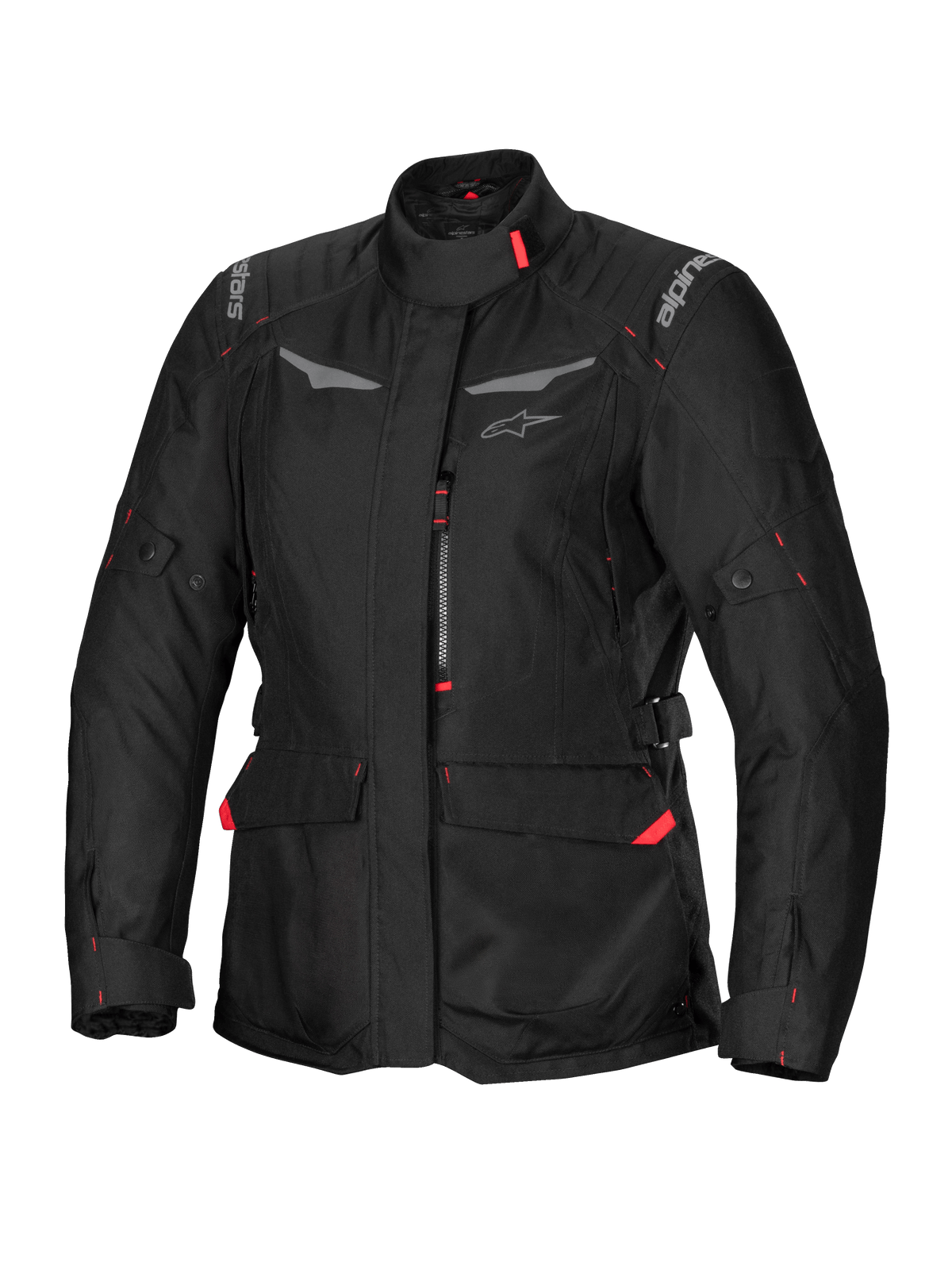Alpinestars Stella ST-1 Waterproof Jacket, dames motorjas, zwart met rode accenten, hoge kraag, ritssluiting aan de voorzijde, grote cargozakken in de taille, verstelbare taille- en manchetbanden, weerbestendige constructie