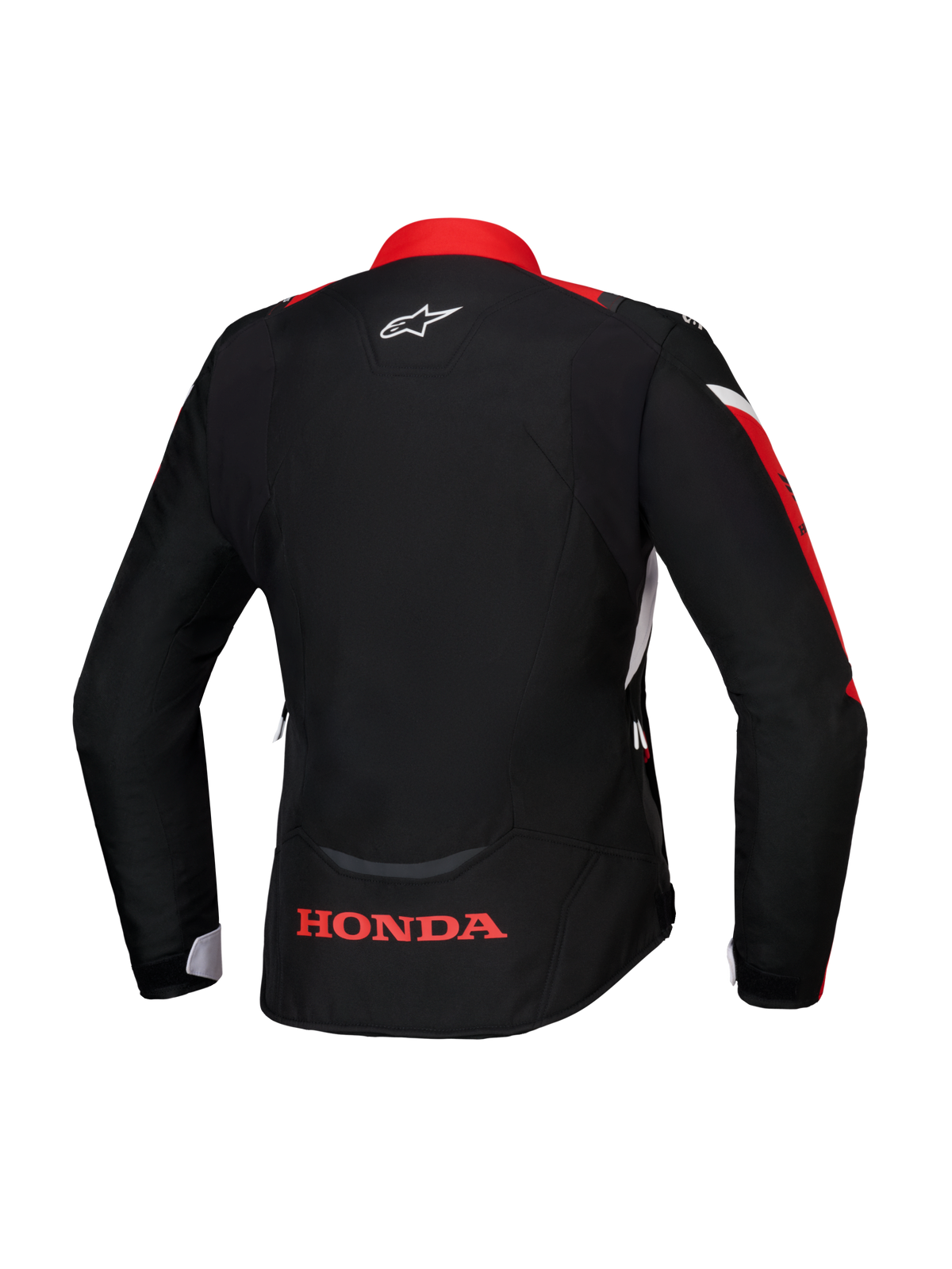 Alpinestars Honda Stella T-Jaws V4 WP Jas, achteraanzicht, zwart met helderrode en witte accenten, voorzien van rood Honda-logo op de onderrug en wit Alpinestars-logo in de nek, waterdichte dames textieljas met sportieve pasvorm