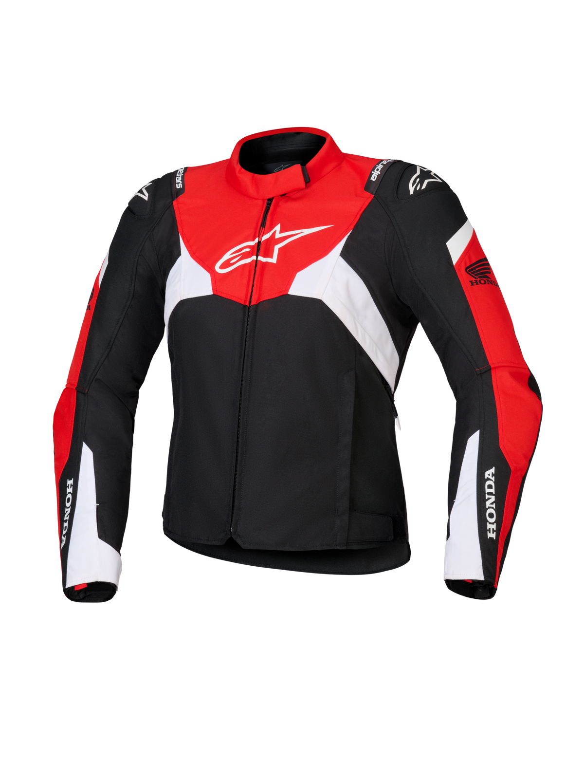 Alpinestars Honda Stella T-Jaws V4 WP motorjas voor dames, waterdichte sportieve motorjas, zwart met helderrode en witte panelen, voorzien van Honda-branding op de mouwen en een wit Alpinestars-logo op de borst, technische textielconstructie met een sportief silhouet