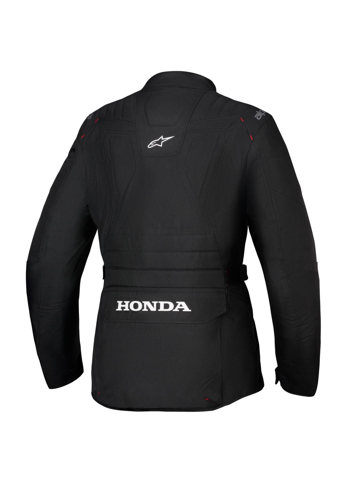 Alpinestars Honda Stella ST-1 WP jas, waterdichte motorjas voor dames, zwart, achteraanzicht met groot wit Honda-logo op de cargozak op de onderrug, Alpinestars-logo op de bovenrug, technische textielconstructie met adventure touring-silhouet en rode stiksels.