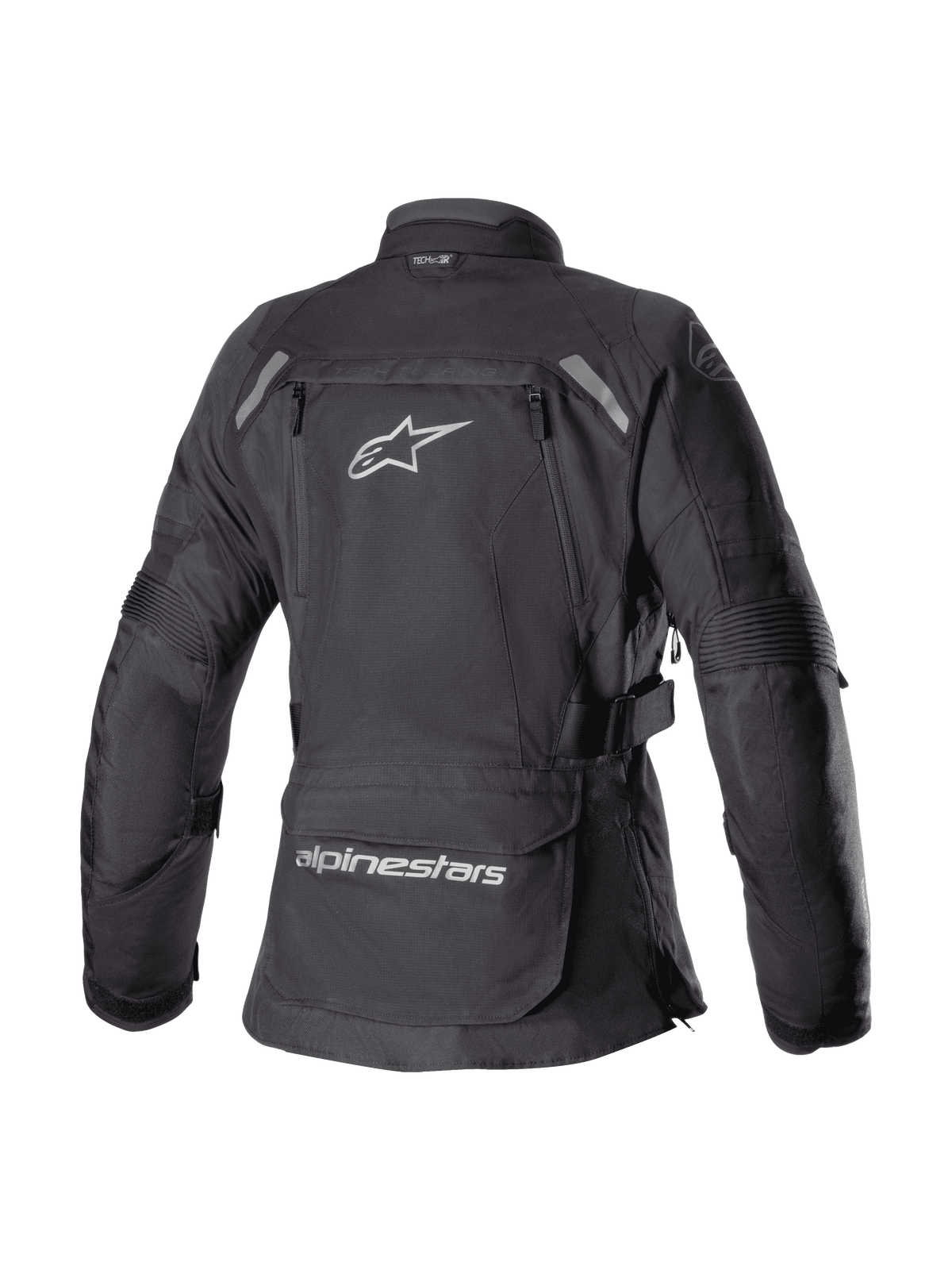 Alpinestars Women Stella Bogota' Pro Drystar® Jacket, Black, Rear view of textile adventure touring jacket featuring a large white Astar logo, lower back storage pocket with branding, and reflective shoulder accents
