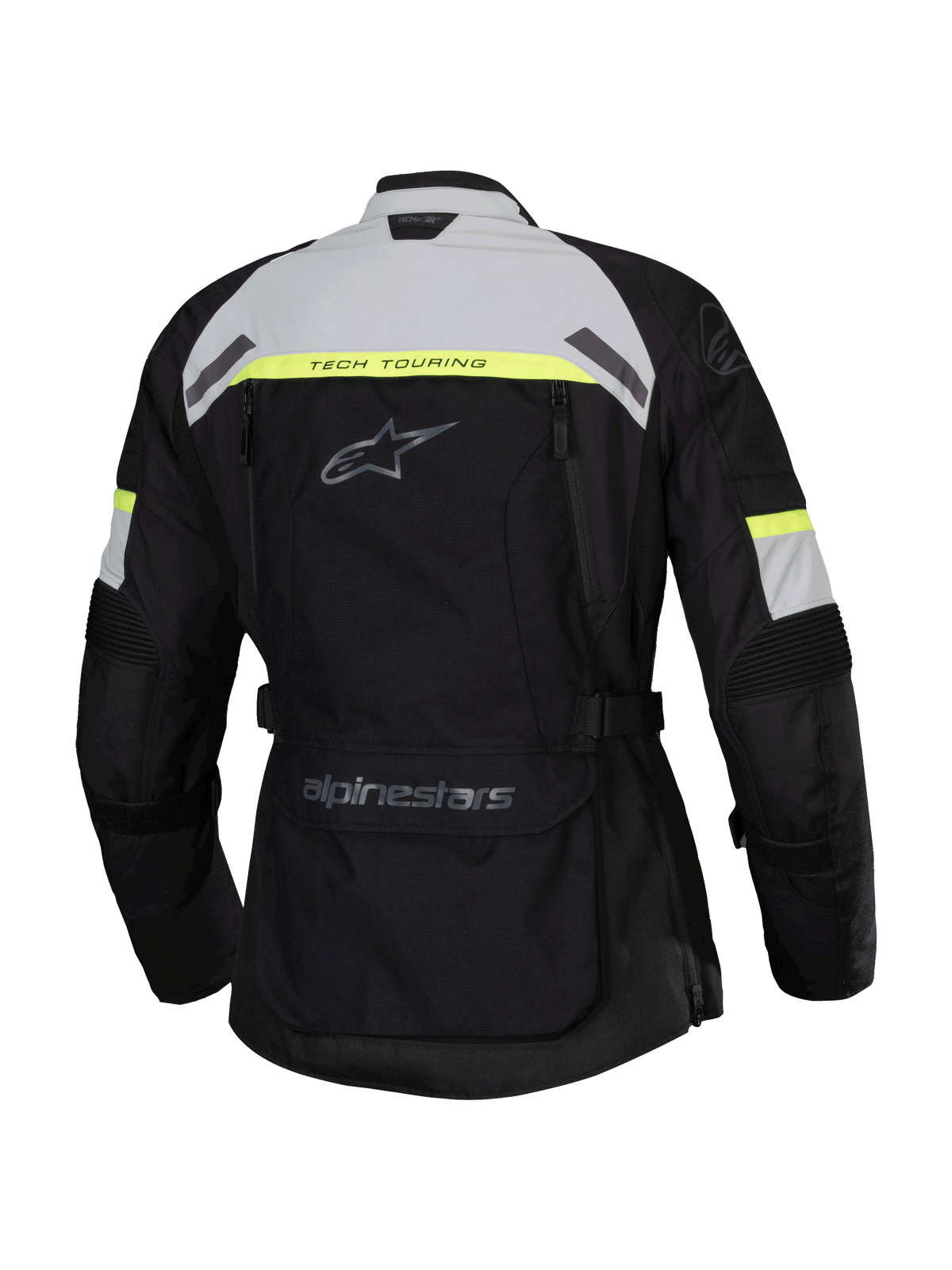 Alpinestars Stella Bogota' Pro Drystar® jas, achteraanzicht, zwart met Ice Gray en Yellow Fluo accenten, dames adventure touring motorjas voorzien van Tech Touring-branding en een grote opbergzak op de onderrug
