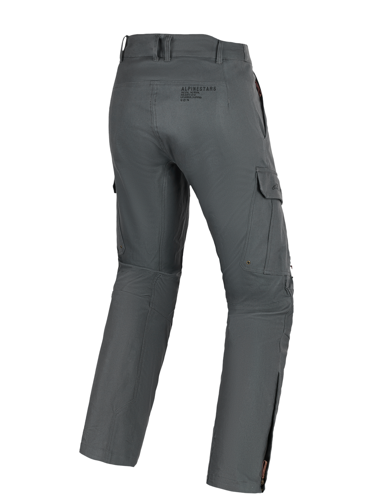 Alpinestars Borrego Drystar® Broek, adventure motorbroek, grijs antraciet, achteraanzicht met cargozakken, branding op de achterkant en kuitritsen, duurzaam textielmateriaal met een gewaxt canvas uiterlijk