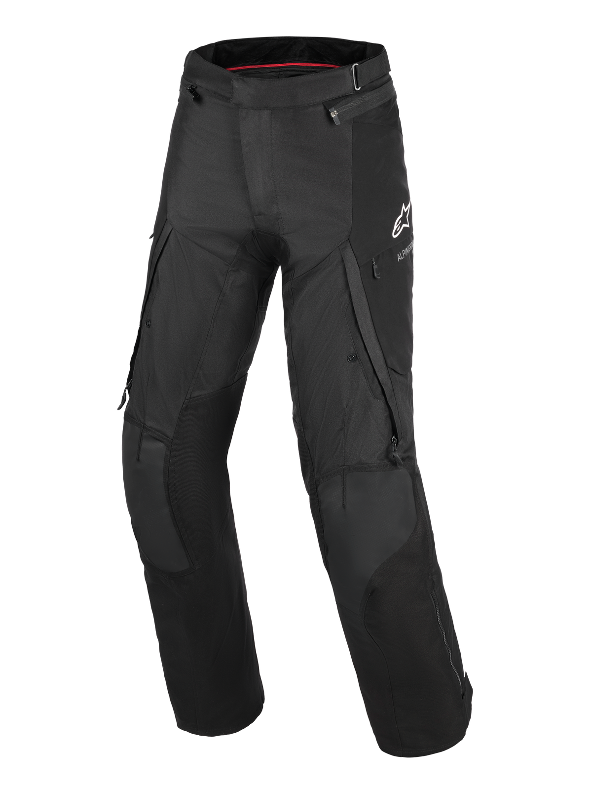 Alpinestars Andes V4 Drystar® Broek - Lang, zwarte adventure-touring motorbroek, voorzien van grote cargozakken, versterkte kniepanelen, ventilatieopeningen met rits op de dijen en een wit Alpinestars-logo op de linkerdij