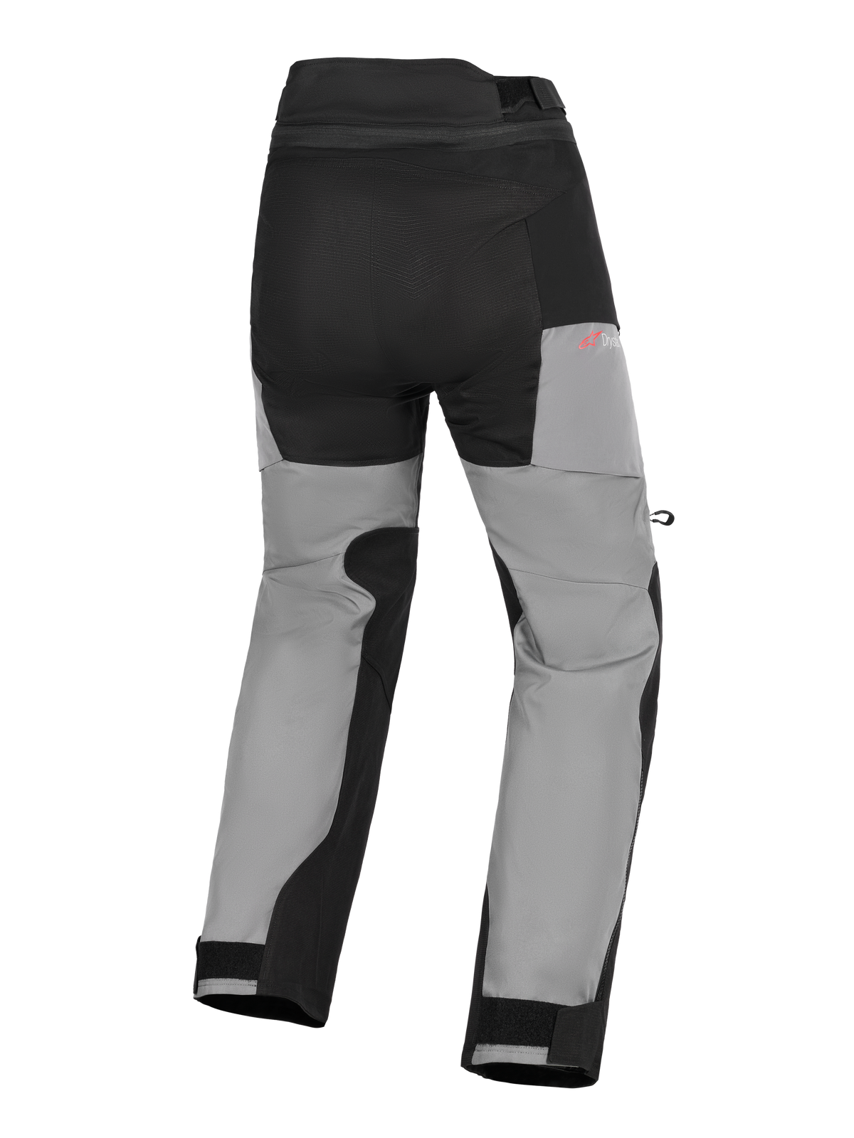 Alpinestars Andes V4 Drystar® broek, adventure motorbroek, zwart en donkergrijs, achteraanzicht met versterkte zitpanelen, rode Drystar-branding op de heup, verstelbare klittenbandsluitingen bij de enkels