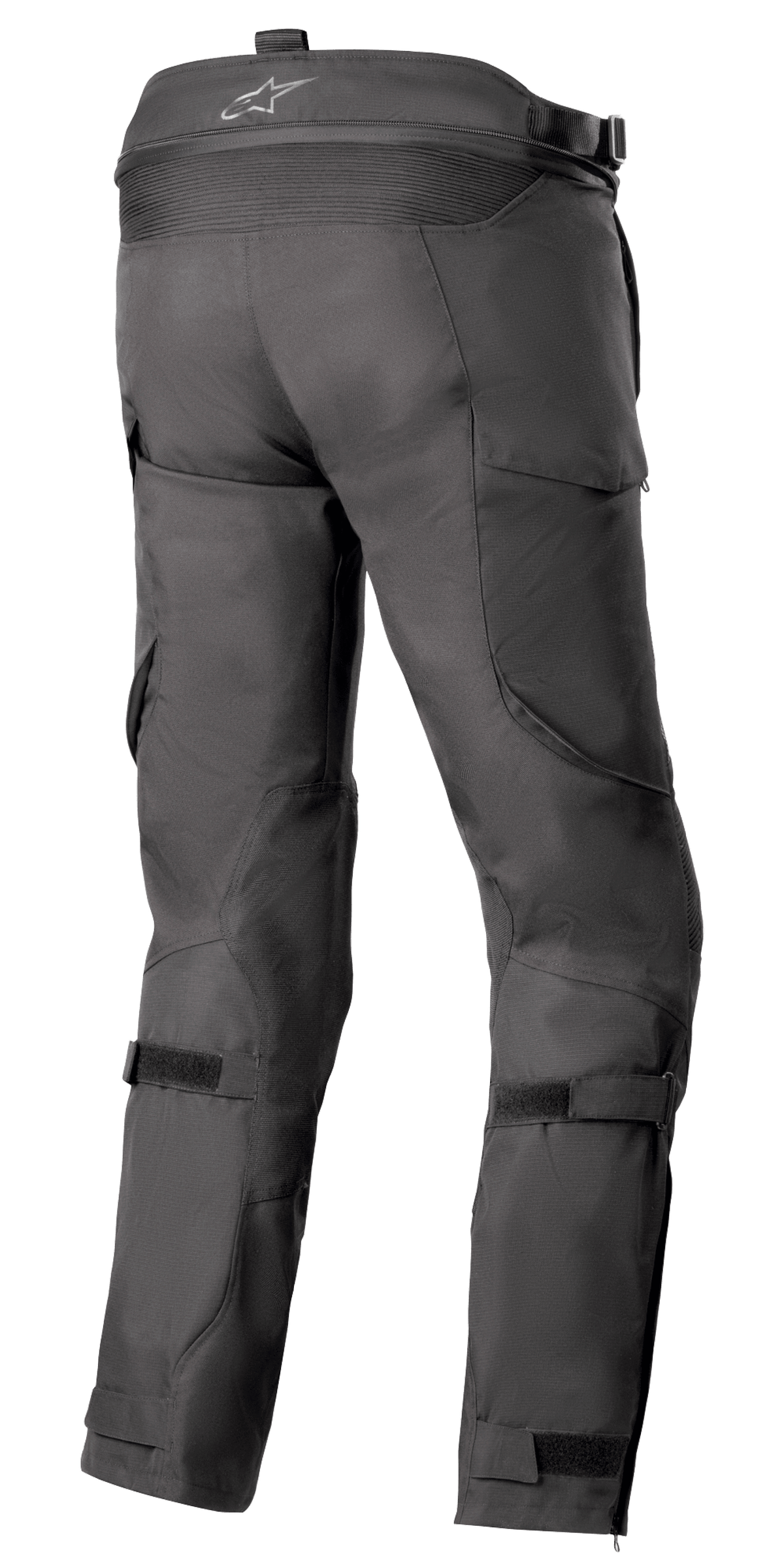 Alpinestars Bogotá Pro Drystar® 4 Seasons Broek - Long, zwarte textiele motorbroek, achteraanzicht met verstelbare taille- en kuitbanden, ergonomische pasvorm voor adventure rijden