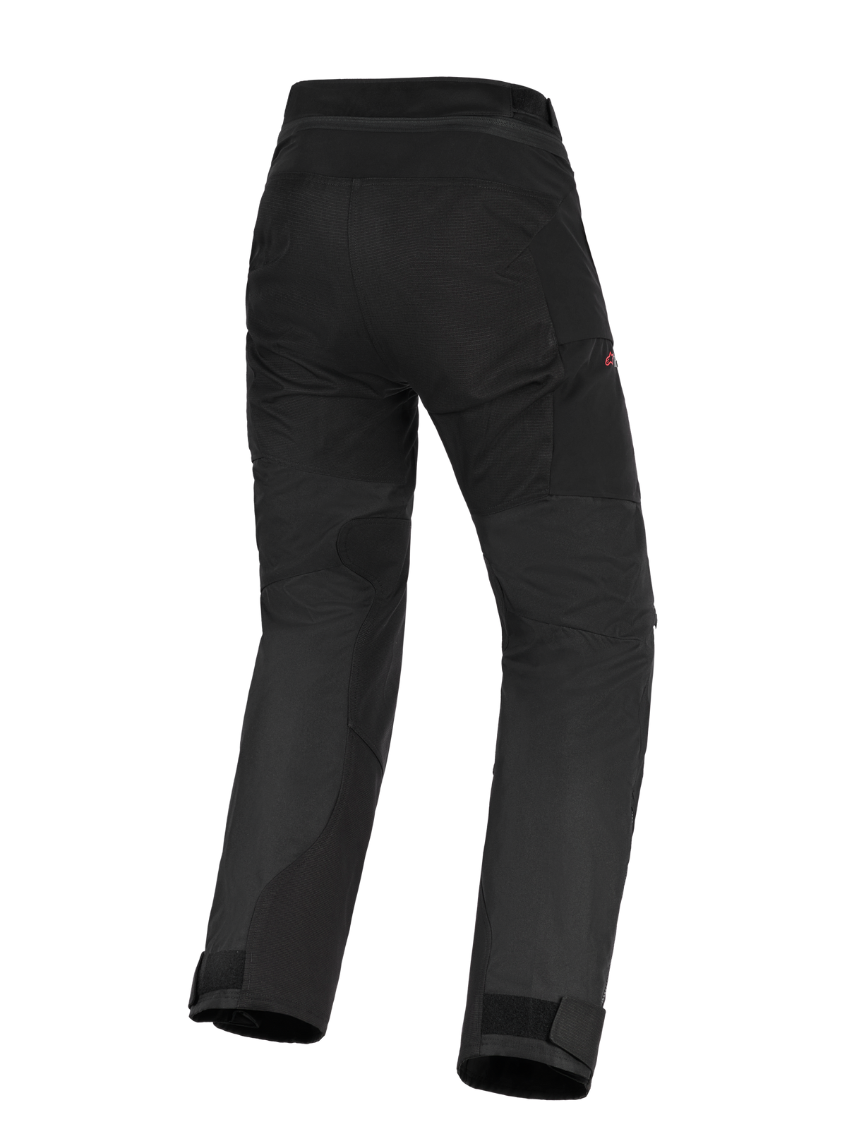 Alpinestars Stella Andes V4 Drystar® Broek, zwarte adventure-touring motorbroek, achteraanzicht met verstevigd zitvlak en panelen aan de binnenkant van de benen, ontwerp met hoge taille en verstelbare enkelmanchetten