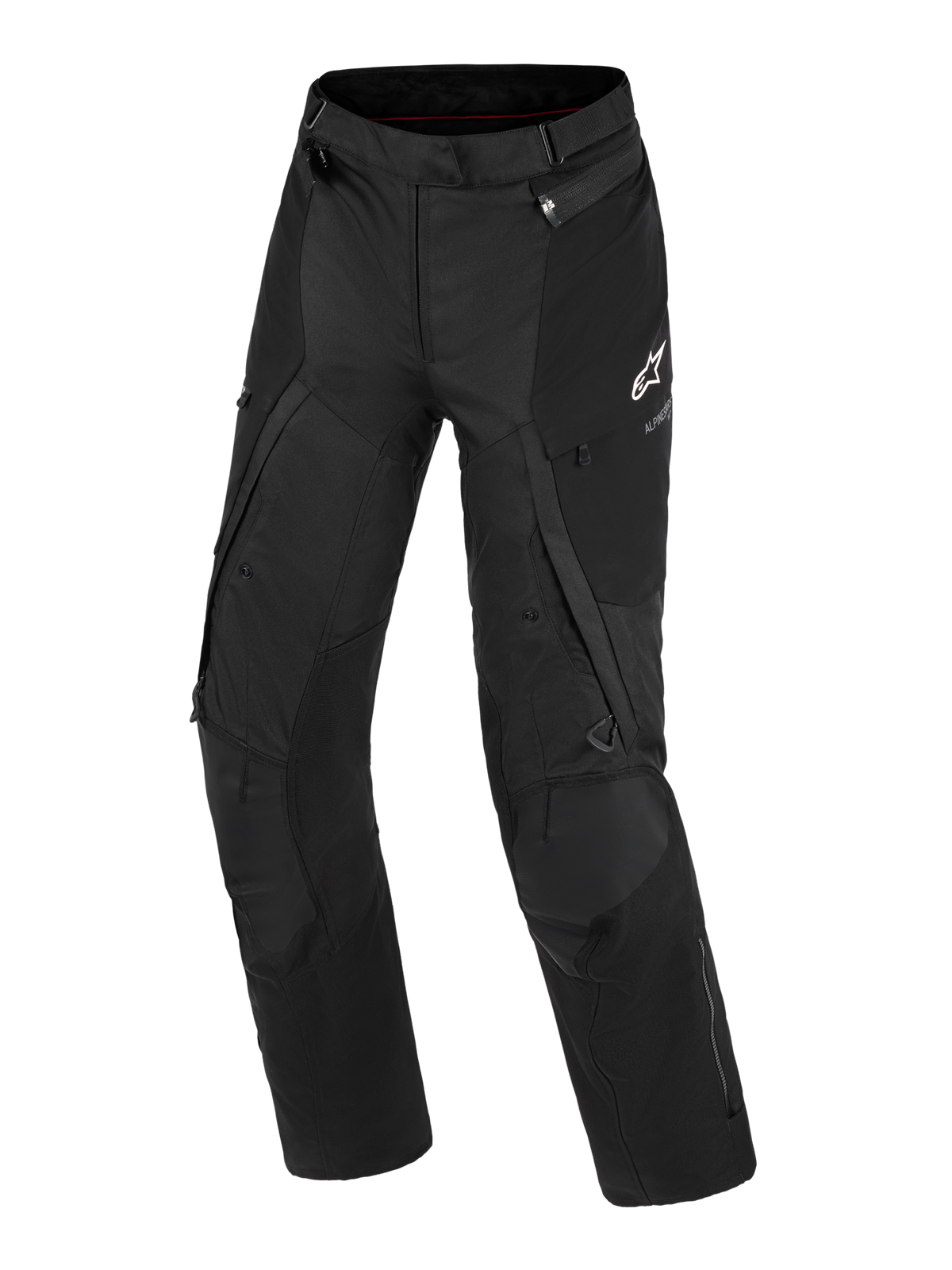 Alpinestars Stella Andes V4 Drystar® broek, dames adventure motorbroek, zwart, vooraanzicht met technische textielconstructie, wit Alpinestars-logo op de linker dij, cargo-zakken en ventilatieritsen, duurzame motorkleding voor alle weersomstandigheden