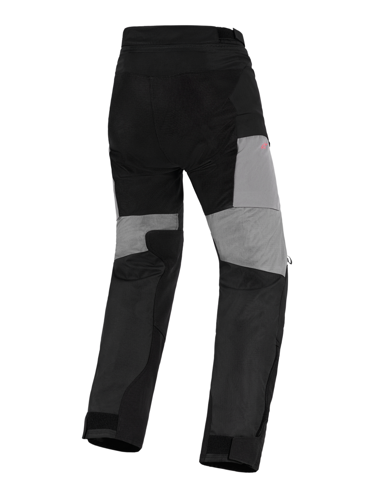 Alpinestars Stella Andes V4 Drystar® broek, dames adventure motorbroek, zwart en donkergrijs, achteraanzicht met grijze panelen op de achterkant van de pijpen, duurzame ripstop-versterkingen op het zitvlak en stretchzones voor bewegingsvrijheid, waterdicht textielontwerp.