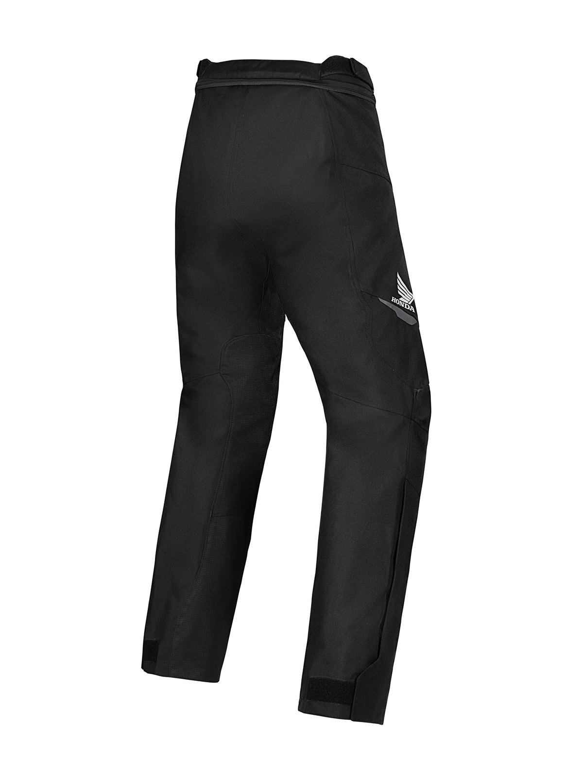 Alpinestars Honda Woman Stella St-1 Waterproof Pants, zwarte motorbroek, driekwart achteraanzicht met het witte Honda vleugel-logo op de rechterdij, duurzame textielconstructie met voorgevormde knieën en enkelverstellers, ontworpen voor touring en adventure ritten