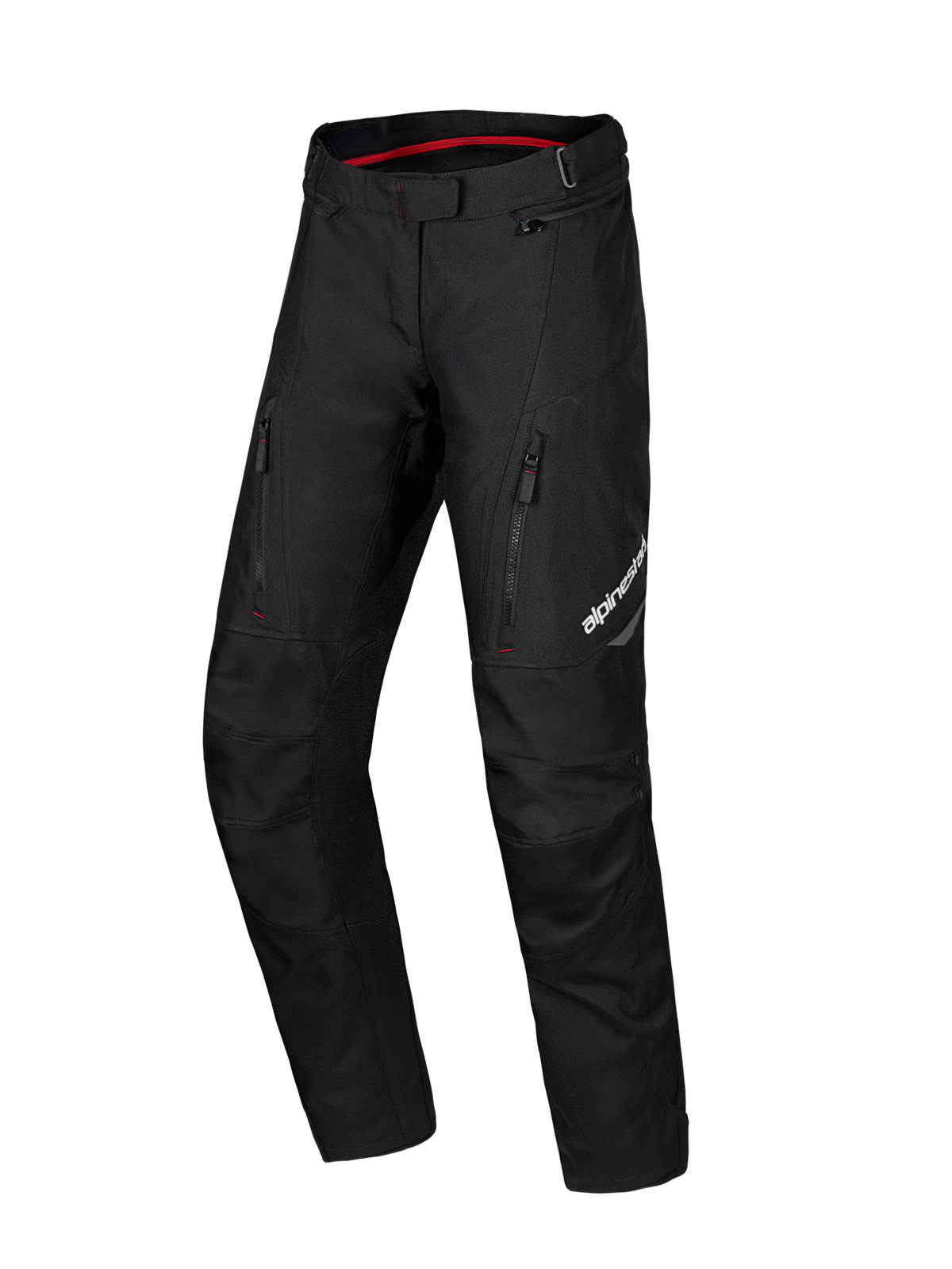 Alpinestars Honda Stella ST-1 waterdichte motorbroek, zwarte dames motorbroek voor touring, rode binnenvoering van de tailleband, twee verticale ritszakken op de dijen, Alpinestars-logo op het been, duurzame textieluitrusting voor adventure
