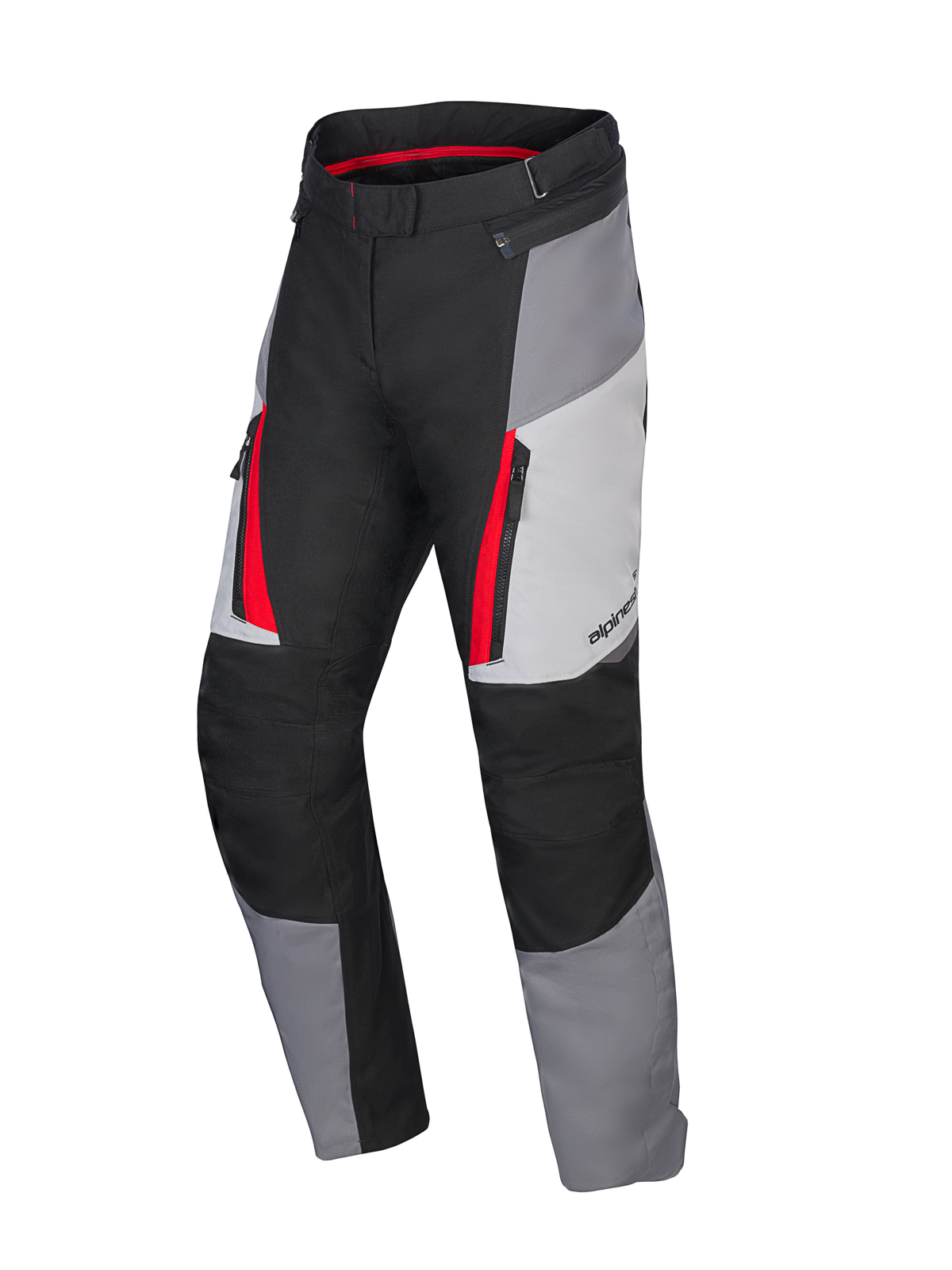 Alpinestars Honda Stella ST-1 waterdichte motorbroek voor dames, motor touringbroek, Ice Gray, Dark Gray en zwart met rode accenten, voorzien van cargozakken met ritssluiting, ergonomische textielconstructie en verstelbare taille.