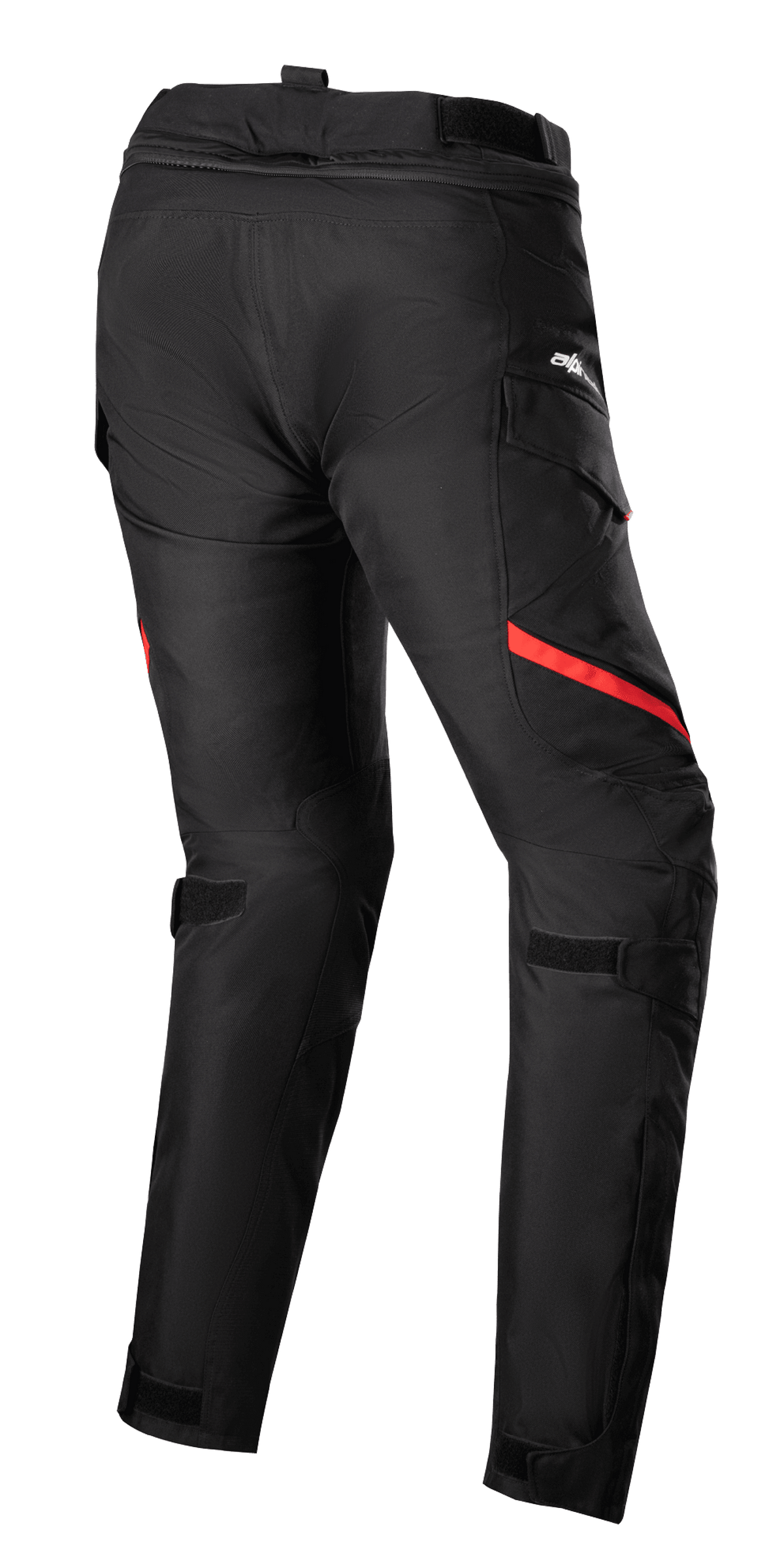 Alpinestars Stella Honda Andes V3 Drystar® damesbroek, motor toerbroek, zwart en felrood, achteraanzicht met cargozakken, verstelbare taille- en kniebanden en duurzame textielconstructie voor rijden in alle weersomstandigheden