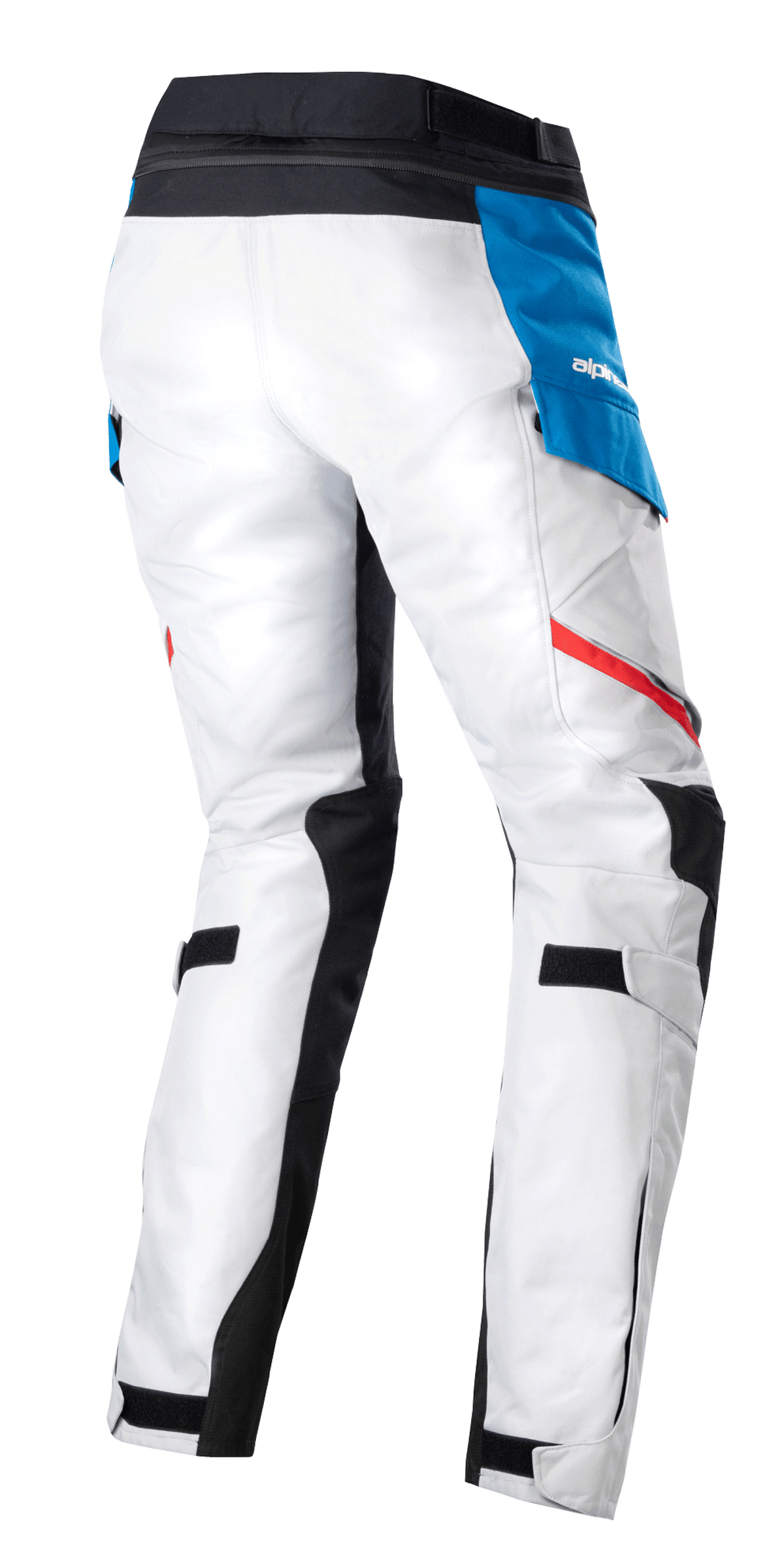 Alpinestars Stella Honda Andes V3 Drystar® damesbroek, adventure touring motorbroek, Ice Gray Blue Bright Red, achteraanzicht met ijsgrijze textielconstructie, blauwe zijzak met wit logo, zwarte tailleband en rode accentstrepen