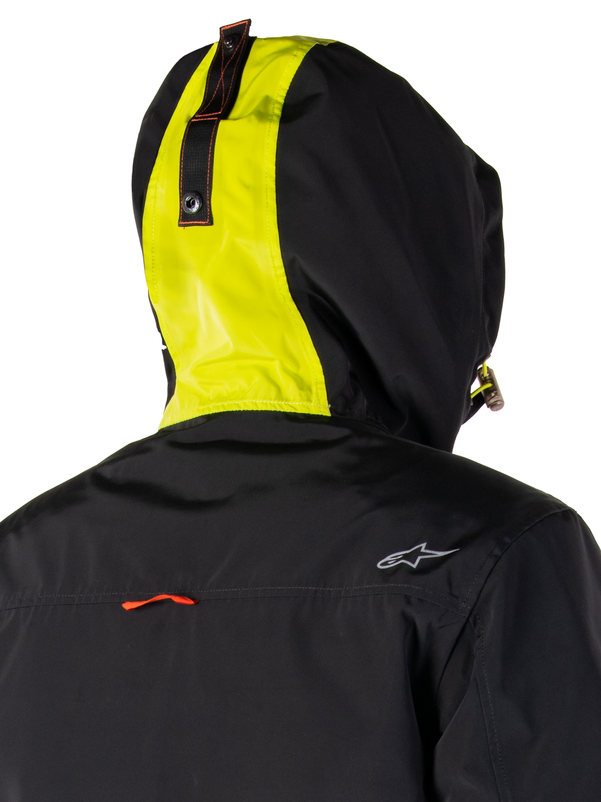 Alpinestars Mootant Waterproof Parka, motorjas, Lime Punch Black, modulair 3-in-1 ontwerp met capuchon, utilitaire militaire stijl, textiel materiaal, detail van de achterkant met opvallende limoengroene streep op de capuchon