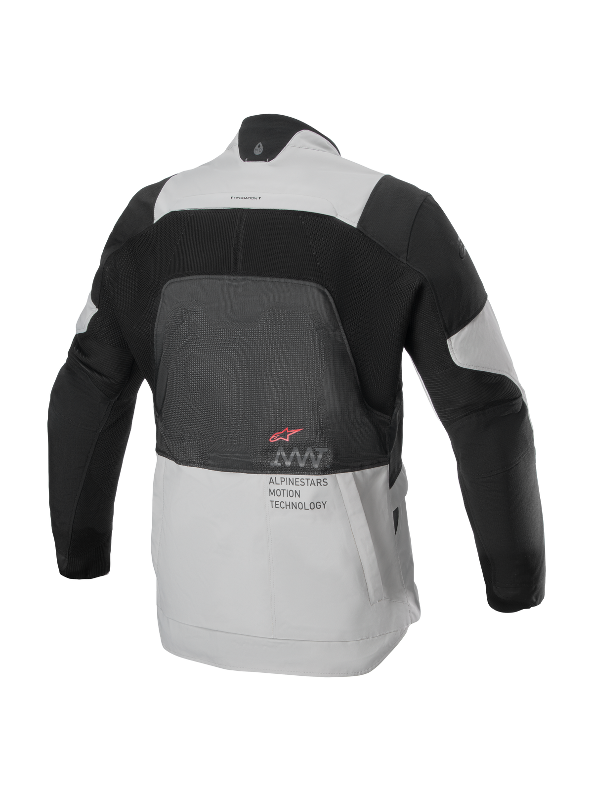 Alpinestars AMT-7 Air Jacket, rear view, Tan and Dark Shadow, technical motorcycle jacket with large MATRYX® mesh panel on the back, 'Alpinestars Motion Technology' text, and red logo, designed for summer adventure touring