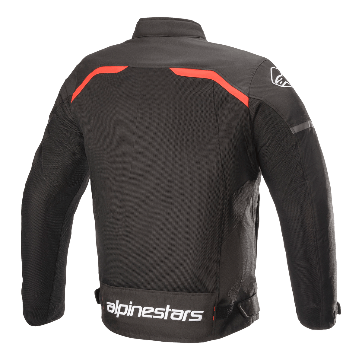 Alpinestars T-SPS Superair Jas, textiele motorjas, zwart met felle rode accenten, achteraanzicht met grote mesh ventilatiepanelen, rode bies over de schouders en opvallende witte Alpinestars-branding op de onderrug.
