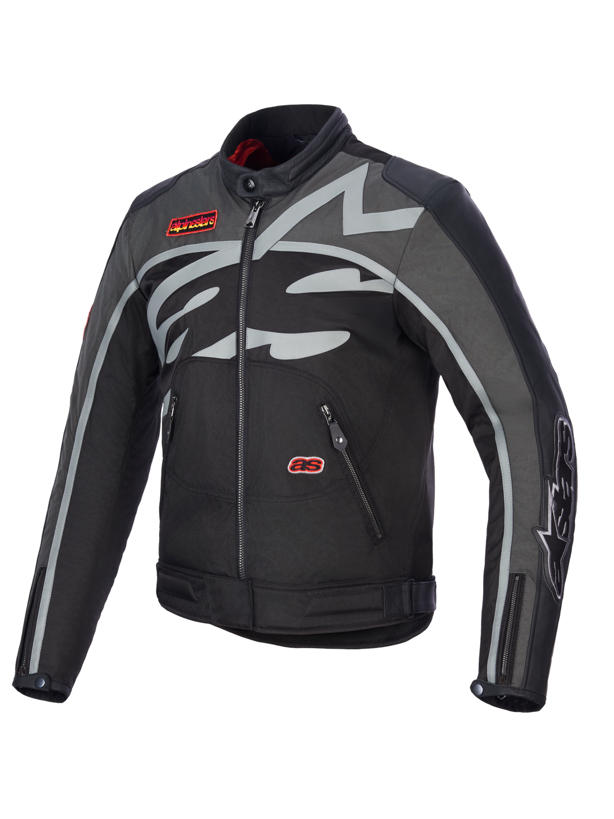 Alpinestars Axton Jas, motorjas, zwart antraciet rood tangerine, met een groot grijs rondom lopend logo op de borst, rode merkpatches, constructie van textiel en leer, vintage racing-geïnspireerd ontwerp voor stads- en weggebruik