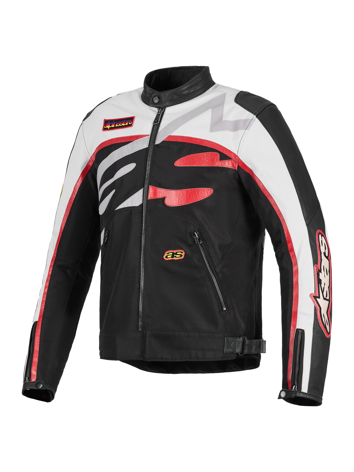 Alpinestars Axton Jacket, motorjas, zwart, gebroken wit en felrood, op vintage racing geïnspireerd ontwerp met opvallend rondom lopend Alpinestars-logo, constructie van textiel en leer, zakken met ritssluiting en biker kraag