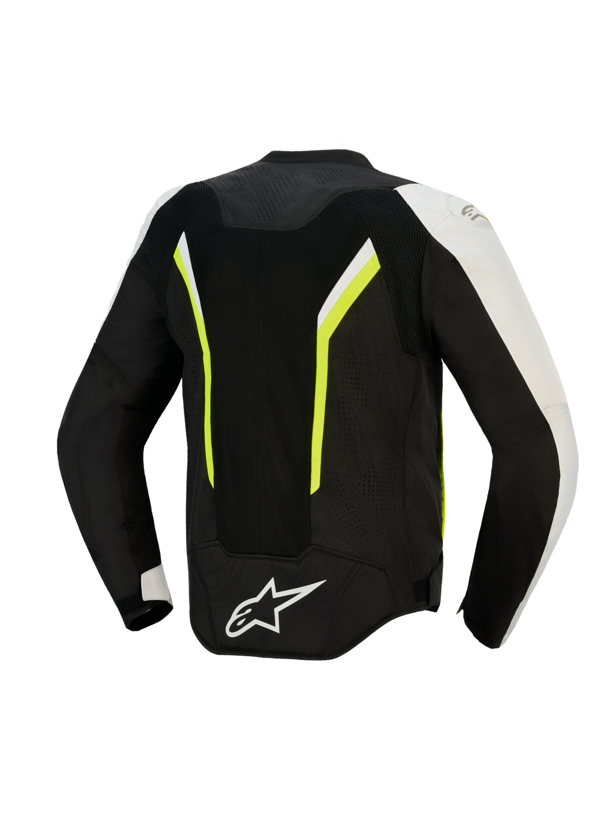 Alpinestars AST V3 Air Jacket, achteraanzicht, zwart zilver en geel fluo, textiele motorjas met grote mesh-panelen voor luchtstroom, fluorescerende accenten en wit logo op de onderrug