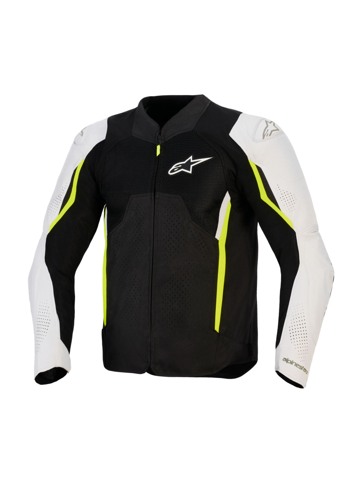 Alpinestars AST V3 Air Jacket, textiele motorjas, zwart zilver en fluoriserend geel, vooraanzicht met mesh ventilatiepanelen, witte mouwen met neongele accenten en Alpinestars-logo op de borst, sportief prestatiegericht ontwerp voor rijden in warm weer