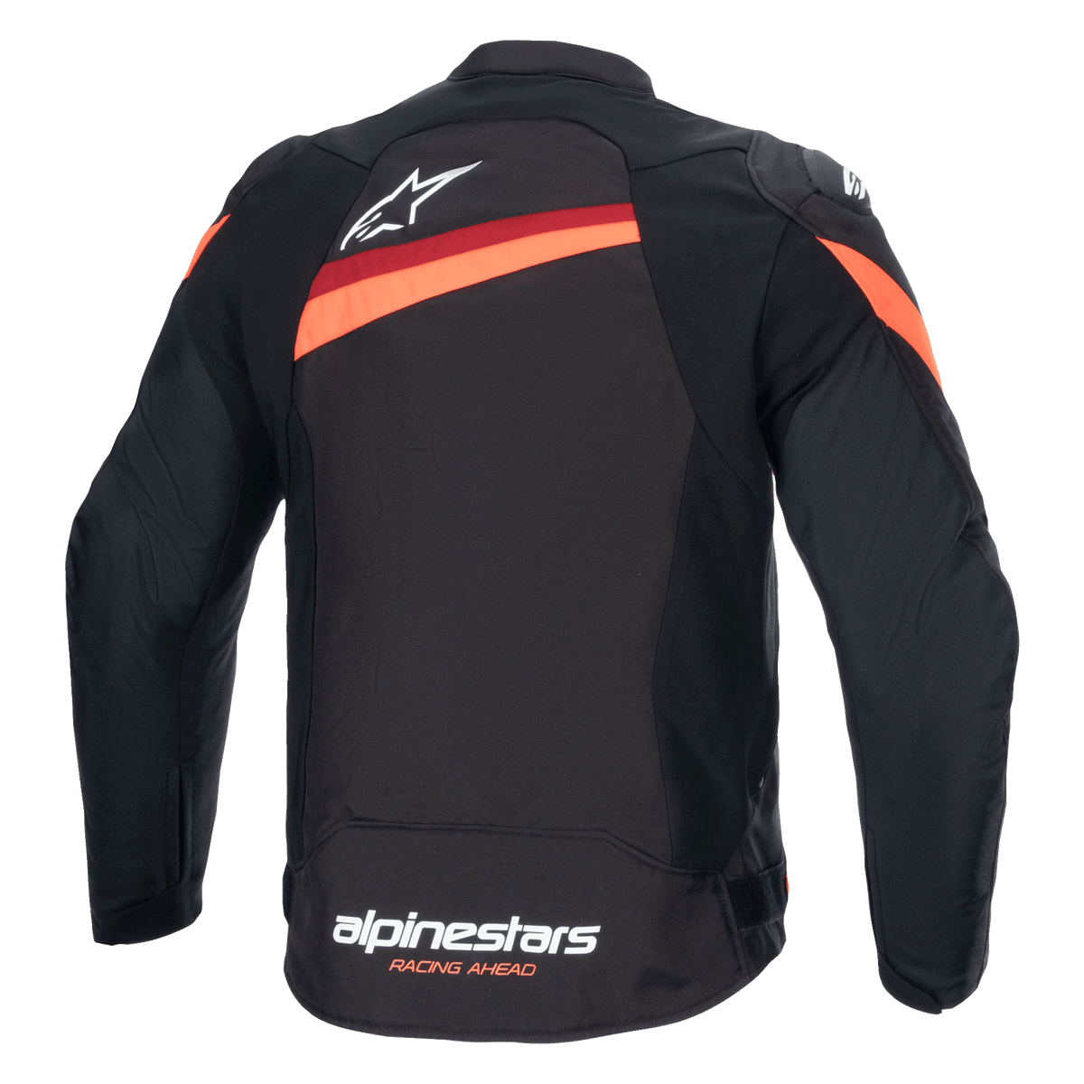 Alpinestars T-GP Plus R V4 Jas, achteraanzicht, zwart en rood fluo, textiele sportieve motorjas, voorzien van wit Alpinestars-logo op de bovenrug en merknaam op de onderste zoom, diagonale rode strepen over de schouders en rug, voorgevormde mouwen.