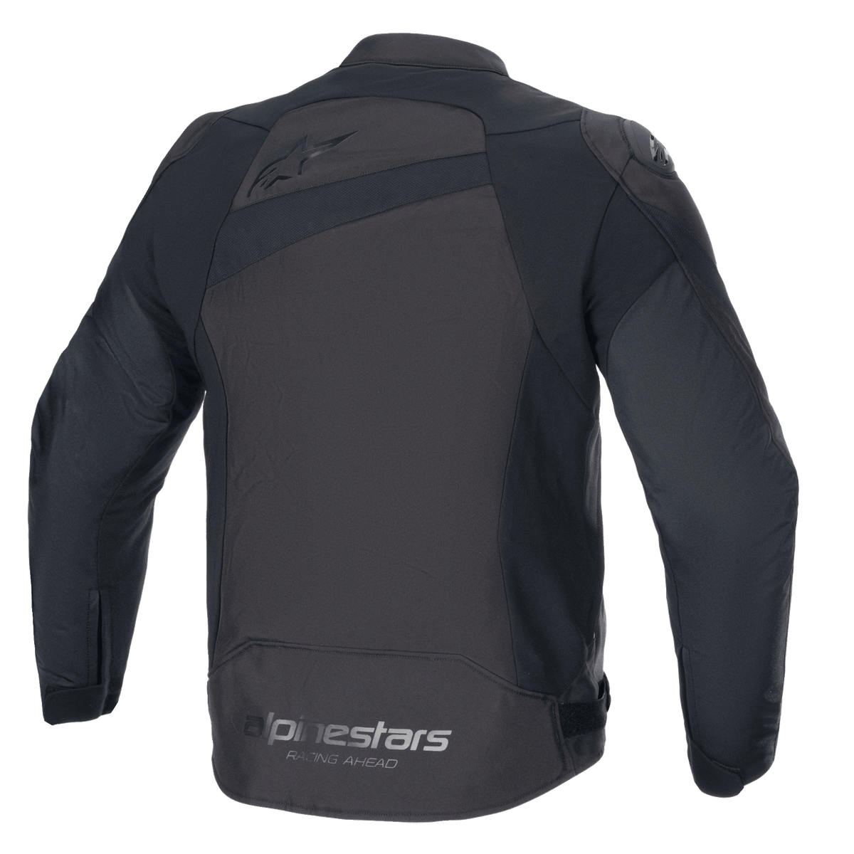 Alpinestars T-GP Plus R V4 jas, textiel motorjas, zwart op zwart, achteraanzicht met Alpinestars-logo en 'Racing Ahead'-slogan, sportieve pasvorm met DFS Lite schouderbeschermers en duurzame poly-stof constructie