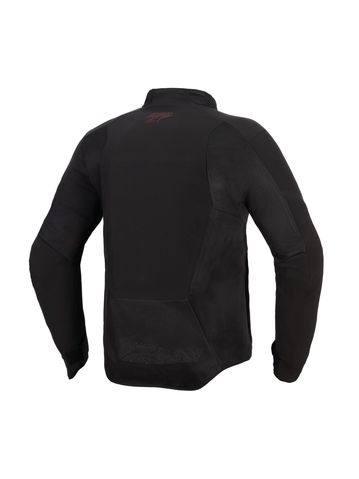 Alpinestars Aeroshell Airflow Jacket, motorjas, Black Anthracite, achteraanzicht met mesh-panelen en laser-geperforeerde ventilatiezones, verlengde achterkant voor extra dekking, klein rood logo in de nek, lichtgewicht sportieve softshell-constructie
