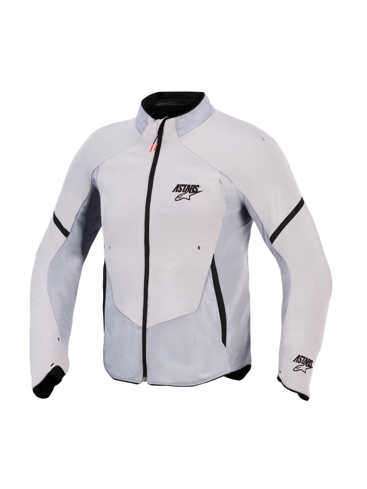 Alpinestars Aeroshell Airflow motorjas, Mid Gray Anthracite, voorzien van lichtgewicht stretch softshell met uitgebreide lasergeperforeerde mesh-panelen, zwarte rits aan de voorzijde met rood trekkoord, ASTARS-branding op de borst en mouw, sport-fit ontwerp voor maximale ademendheid.