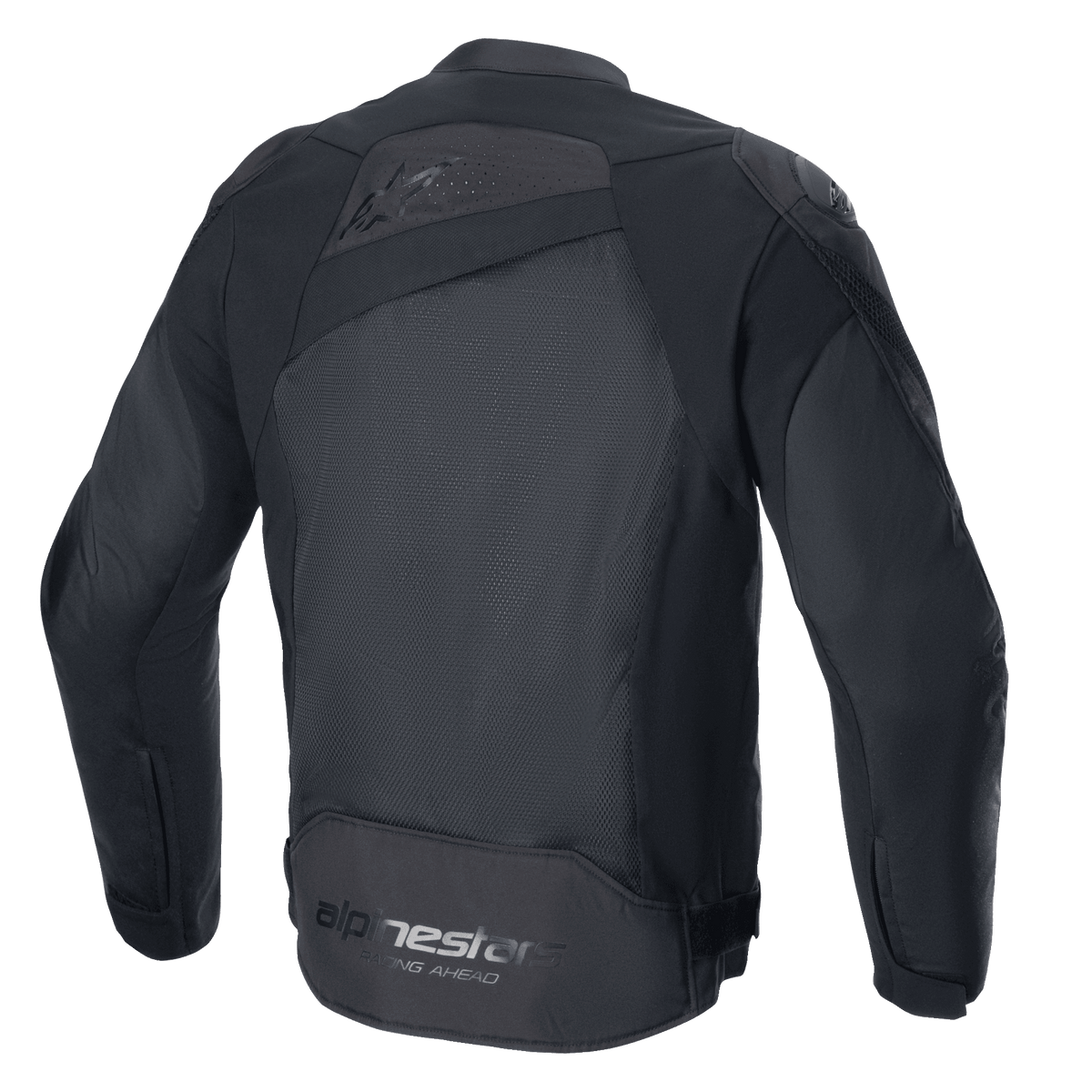 Alpinestars T-GP Plus R V4 Airflow Jacket, Zwart/Zwart, achteraanzicht, met groot meshpaneel voor maximale luchtstroom, geperforeerde bovenrug, subtiel logo in reliëf en Alpinestars Racing Ahead-branding op de onderrug, textiele motorjas met sportieve pasvorm