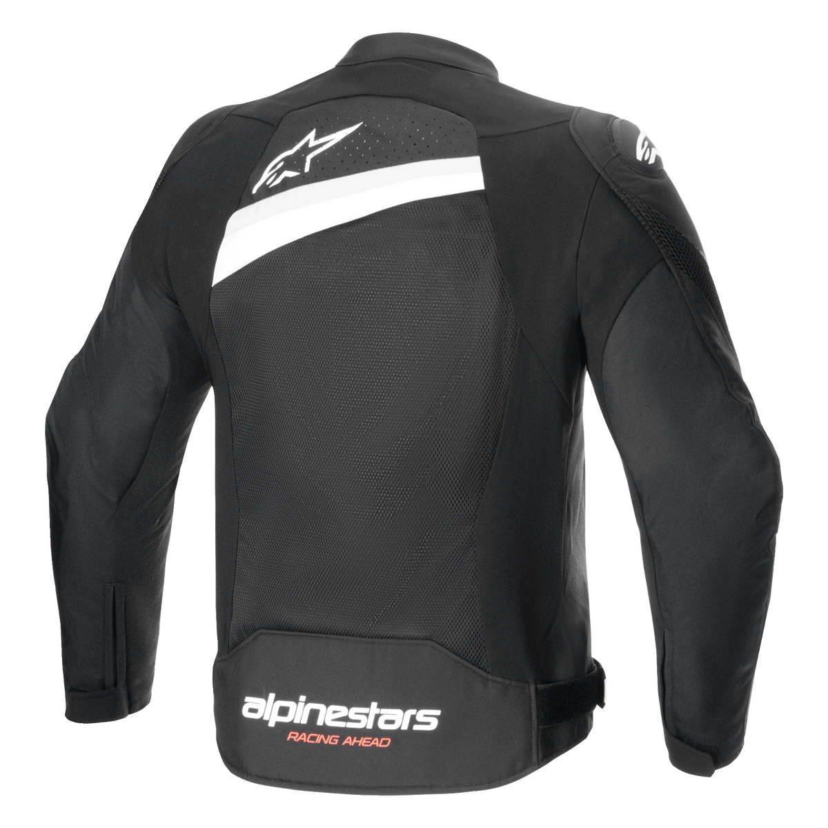 Alpinestars T-GP Plus R V4 Airflow jas, textiele motorjas, zwart en wit, achteraanzicht met uitgebreid meshpaneel, wit sterlogo op de bovenrug en Alpinestars Racing Ahead-branding op de onderrug, sportieve pasvorm voor ventilatie