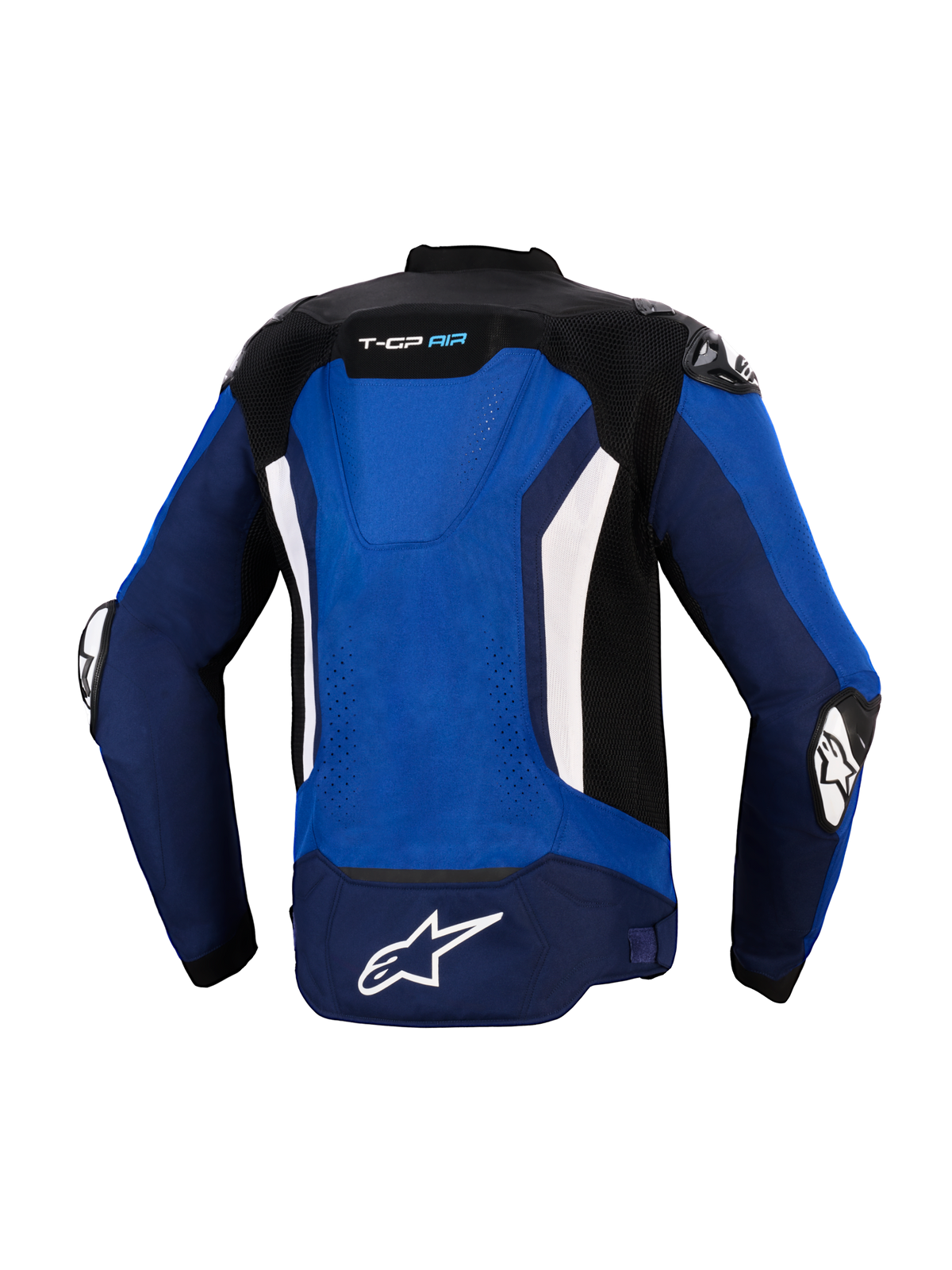 Alpinestars T-GP Air Jacket, achteraanzicht, helderblauw, marineblauw en wit, sportieve textiele motorjas met een geïntegreerde aerodynamische bult, mesh ventilatiepanelen, witte verticale accenten en wit Astars-logo op de achterzijde, ontworpen voor high-performance ritten.