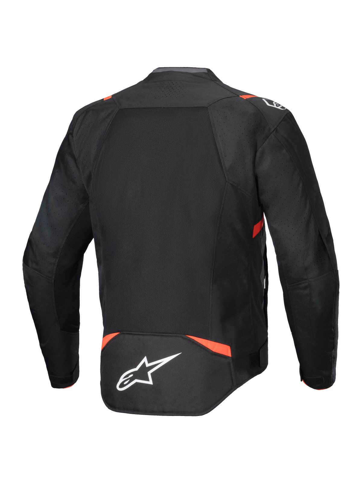 Alpinestars T-SPS Air V2 jas, zwart en fluo rood, motorjas met geventileerde mesh-panelen op de rug.