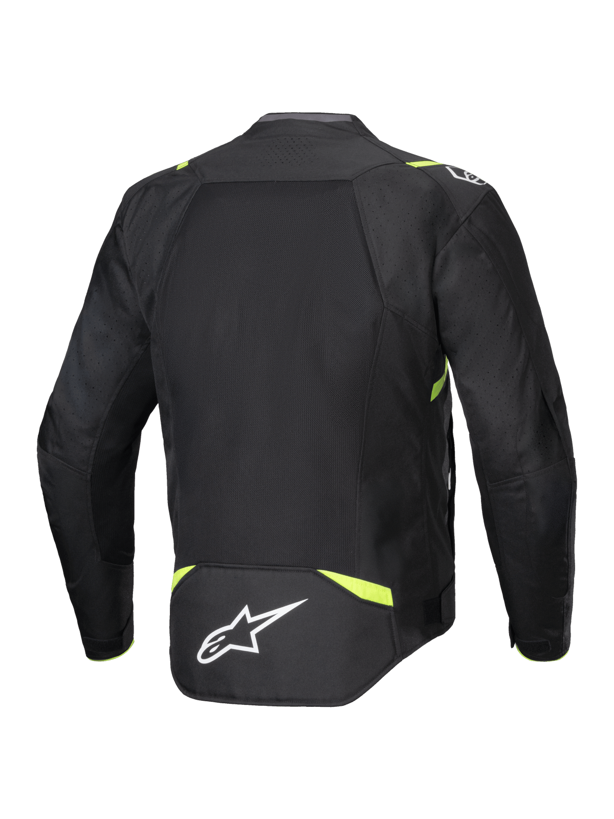 Alpinestars T-SPS Air V2 Jas, textiel motorjas, zwart en geel fluo, achteraanzicht met grote mesh-panelen voor luchtstroom, fluoriserend gele accenten op de schouders en taille, wit Alpinestars-logo op de onderrug