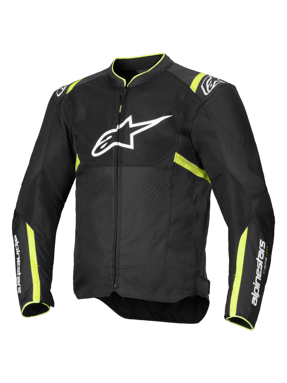 Alpinestars T-Sps Air V2 motorjas, zwart met fluo geel, voorzien van een groot wit logo op de borst, mesh-panelen voor ventilatie, fluorescerende gele accenten op de schouders en mouwen, sportief textielontwerp