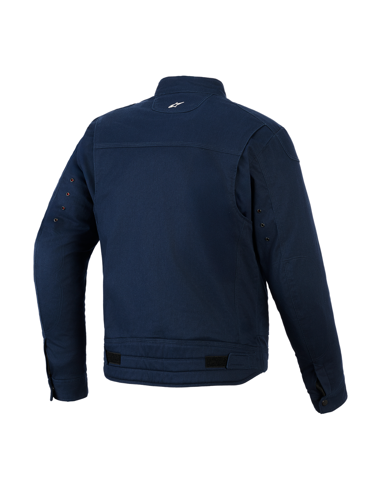 Alpinestars Bruiser Jacket, urban motorjas, donkerblauw, achteraanzicht met stretch polykatoen keperstof constructie, klein wit logo in de nek, ventilatie-oogjes op de mouwen en verstelbare taillelipjes.