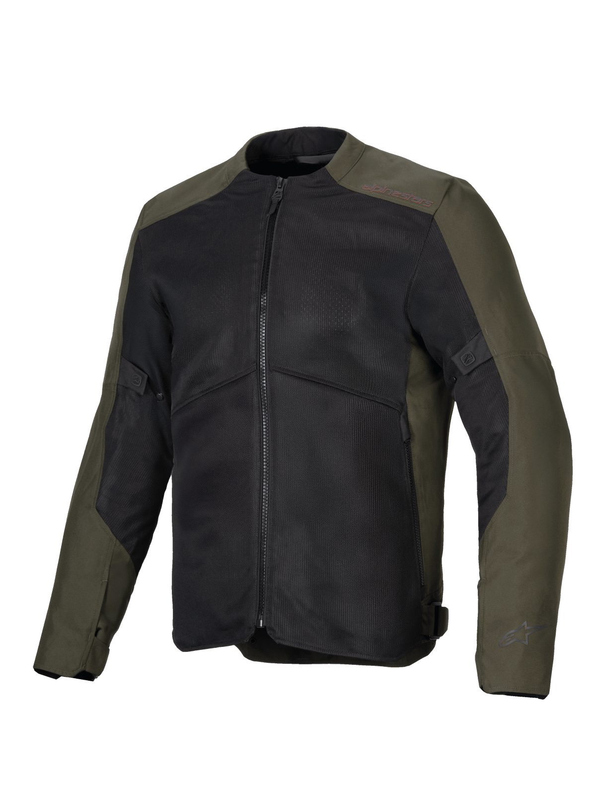 Alpinestars C-1 Air Jas, motorjas, kaki en zwart, voorzien van grote mesh-panelen voor ventilatie, 450D polystof constructie, verfijnde reflecterende logo's op de mouwen en kraag, urban contemporary stijl voor woon-werkverkeer en toerritten