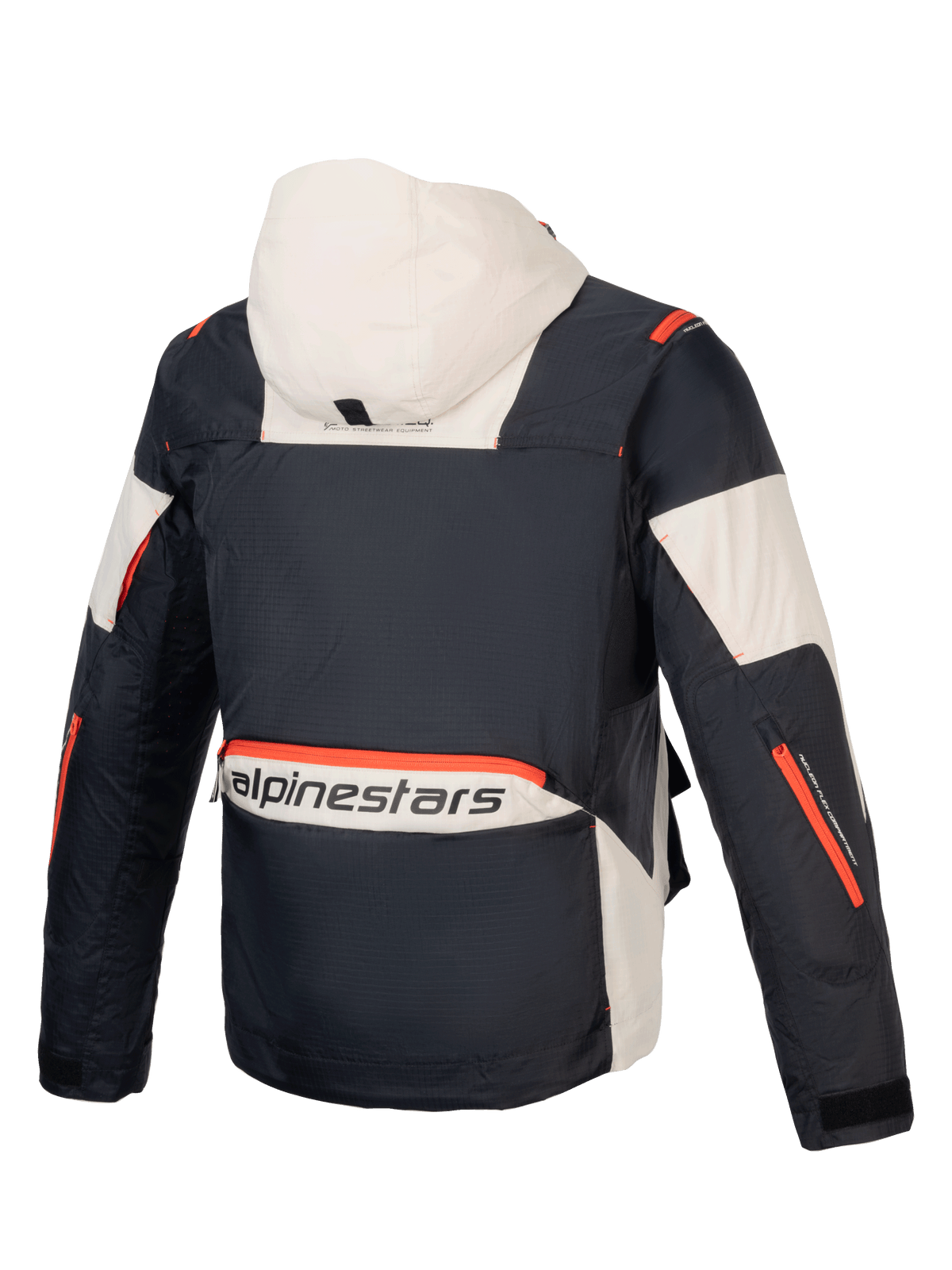 Alpinestars Mogress Air jas, zwarte en almond urban herenmotorjas met oranje details en ripstop textiel, achteraanzicht.