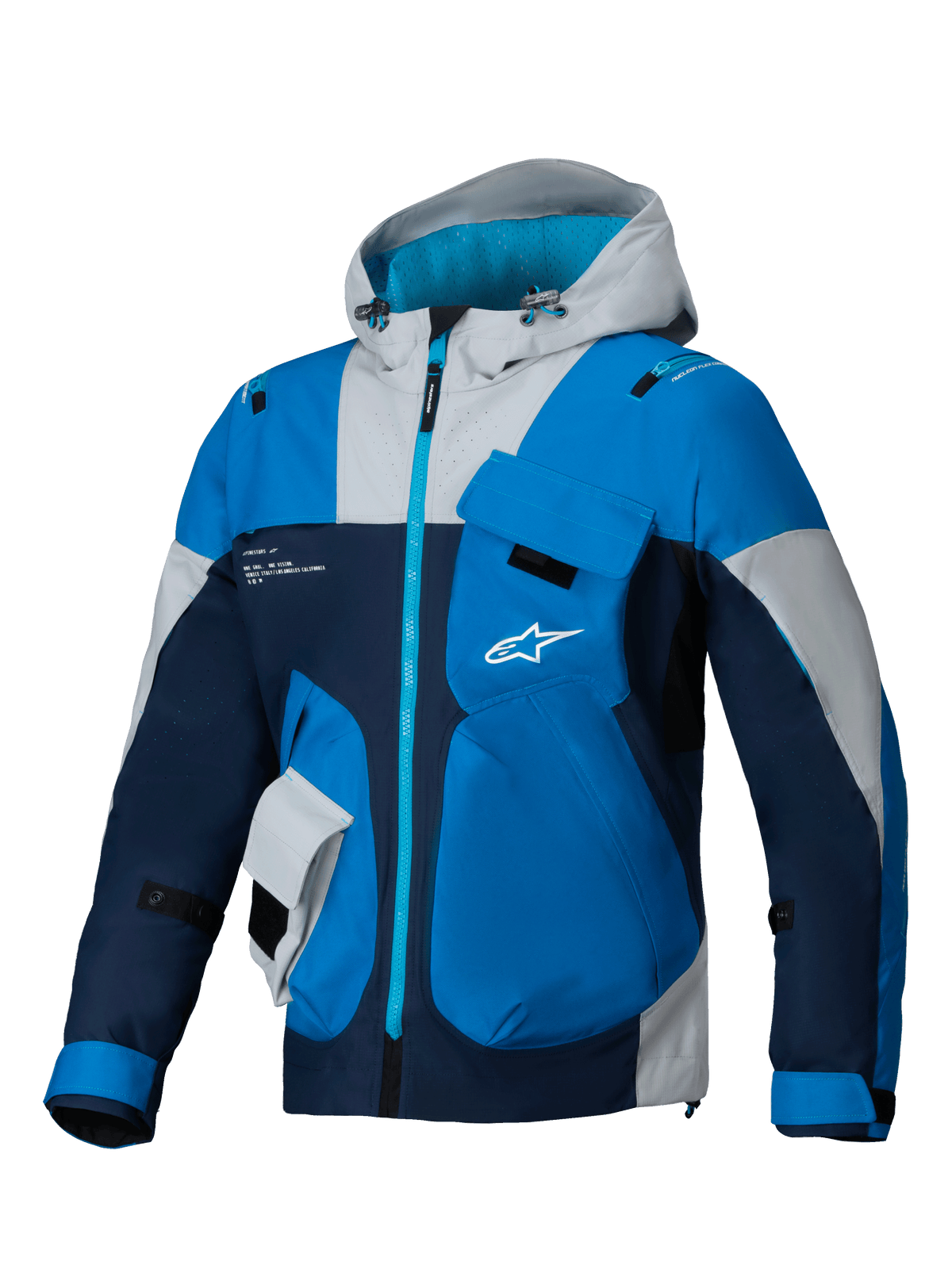 Alpinestars Mogress Air Jacket, Blue Almond and Navy urban motorcycle jacket with ventilated ripstop and utility hood.