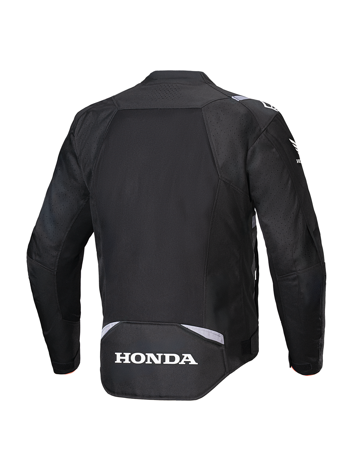Alpinestars Honda T-SPS Air V2 Jas, zwart, achteraanzicht met een groot mesh-paneel op de rug voor luchtstroom, wit Honda-logo op de onderrug en Alpinestars-branding op de schouders, textiele motorjas voor de zomer.