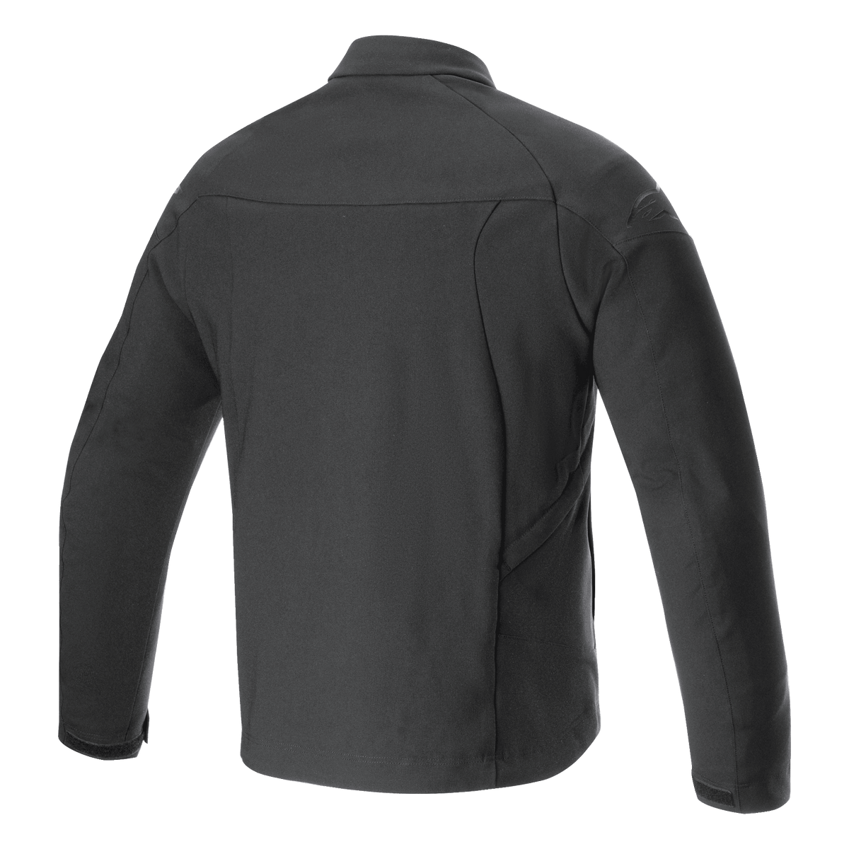 Alpinestars Aeron Jacket, motorjas, zwart, achteraanzicht met een minimalistisch stedelijk silhouet, volledig rekbare ademende poly-stof constructie, subtiel reliëflogo op de schouder, motoruitrusting voor de zomer