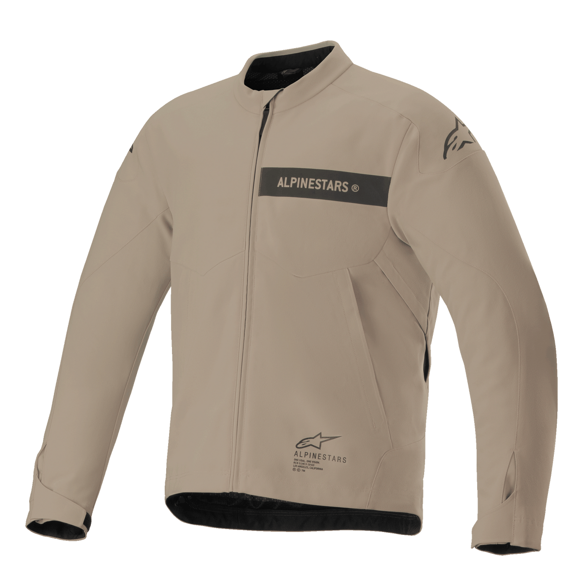 Alpinestars Aeron jas, stedelijke motorjas, beige en zwart, minimalistische textielconstructie met merkstreep op de borst, rits aan de voorzijde en verstelbare manchetten