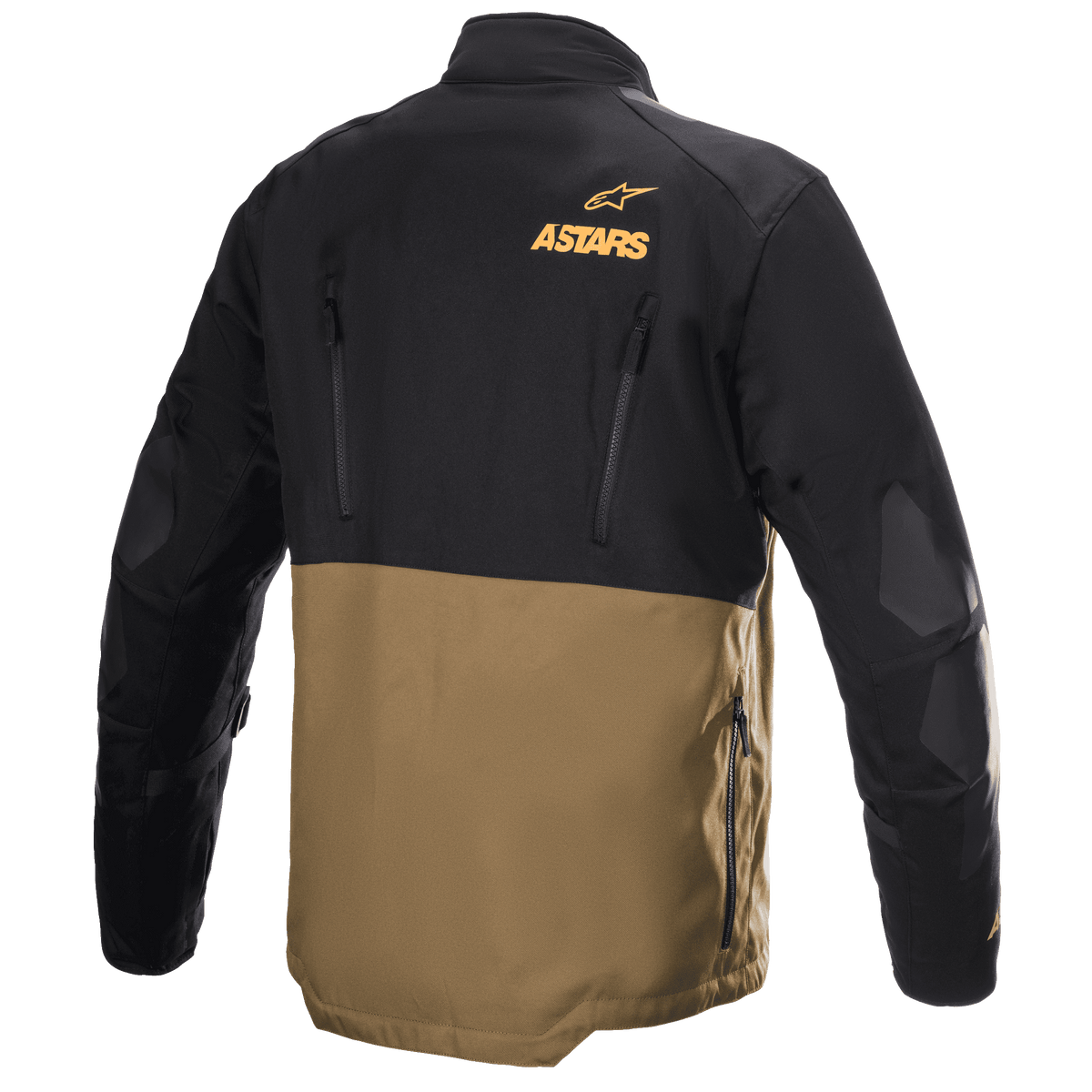 Alpinestars Venture XT Jas, Adventure Touring motorjas, camel en zwart, achteraanzicht met oranje Astars-logo, verticale ventilatieritsen en versterkte elleboogpanelen