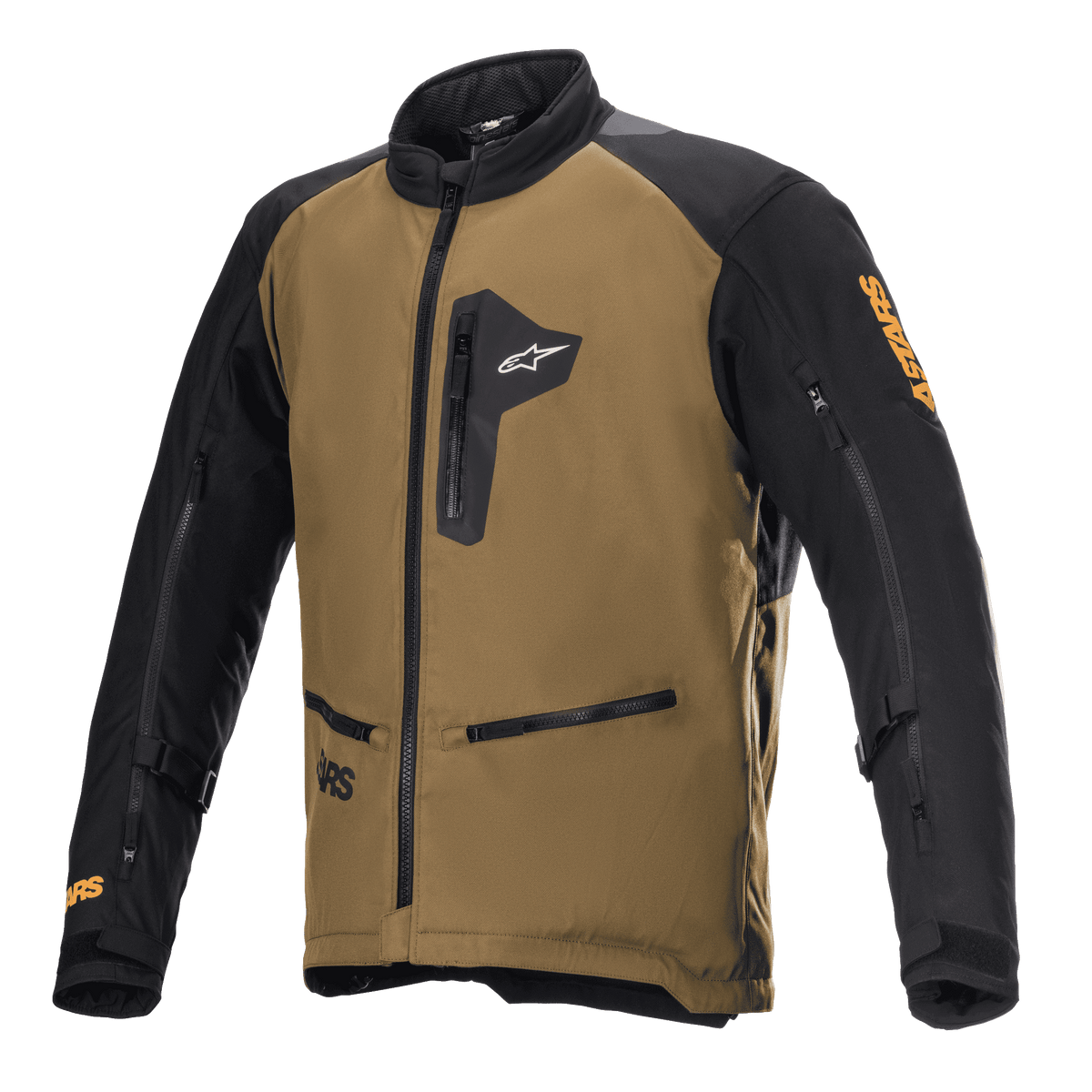 Alpinestars Venture XT jas, motor adventure touring jas, camel en zwart, met borst- en handzakken met rits, ventilatieritsen op de mouwen, verstelbare mouwbanden en oranje Astars-logo's