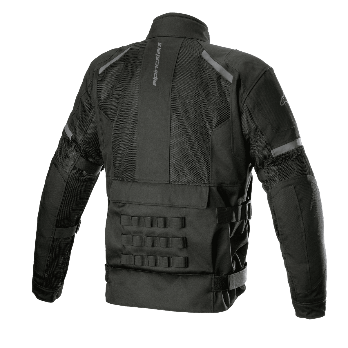 Alpinestars Crosshill Air Waterproof Jacket, zwart, achteraanzicht met grote tech-mesh panelen, verticaal Alpinestars-logo, PALS modulair verbindingssysteem op de onderrug en verstelbare taillebanden, duurzame motor-touringkleding